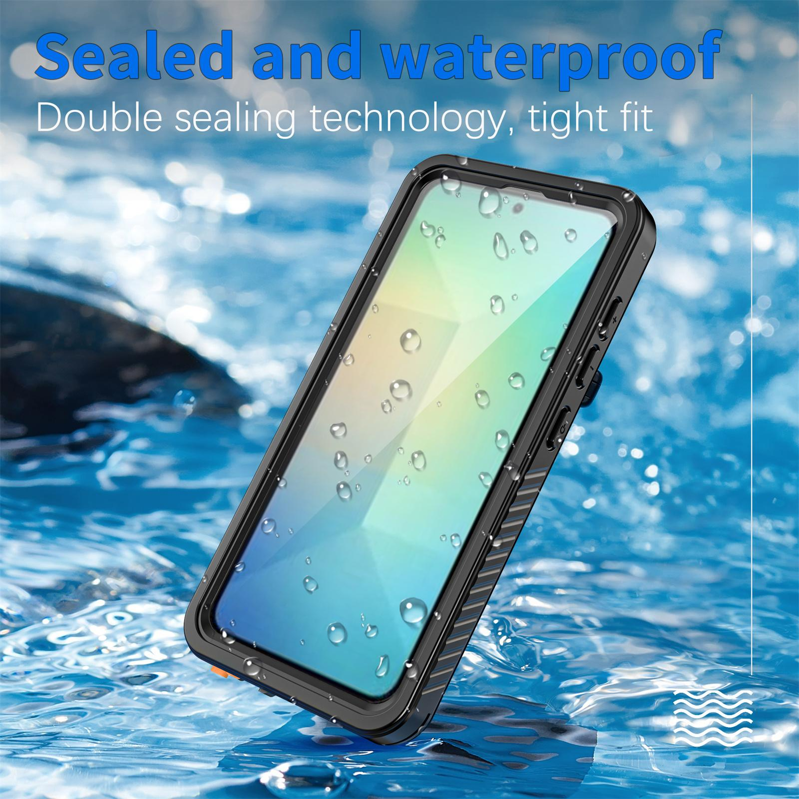Eine schwarze Handyhülle mit Wasser. Text: Versiegelt und wasserdicht. Doppelte Dichtungstechnologie, enge Passform.