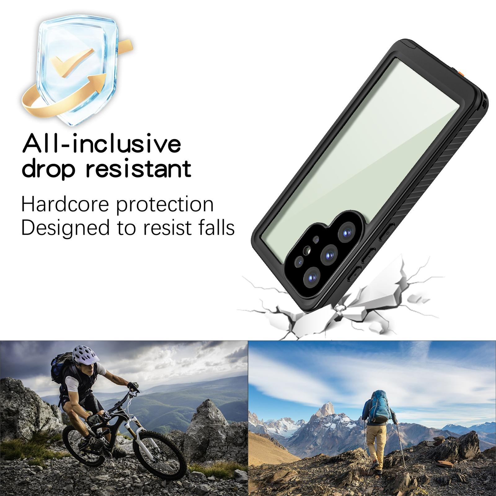 Handyhülle mit Bildern von Mountainbiking und Wandern. Text: 'All-inclusive drop resistant' und 'Hardcore protection'.