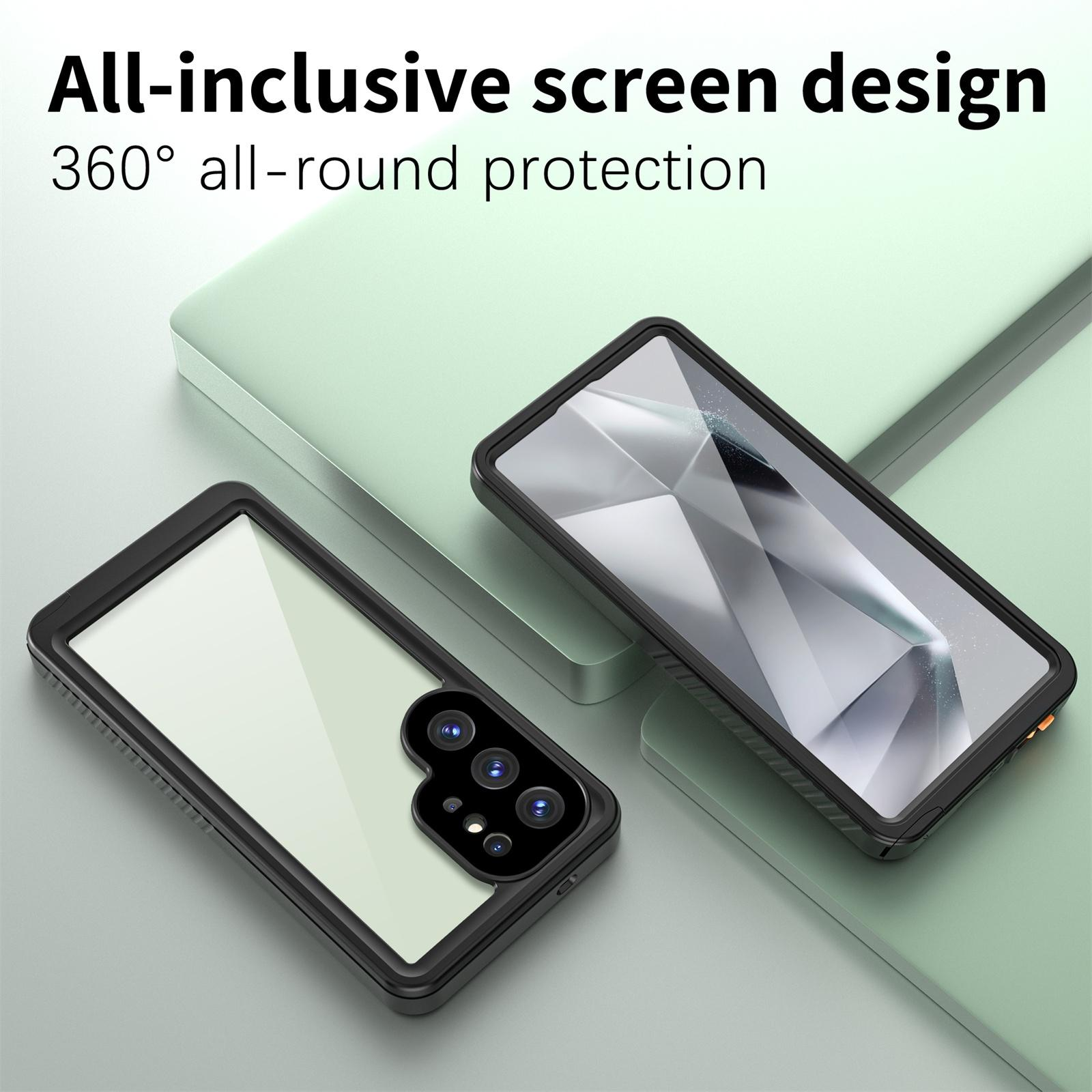 Zwei schwarze Handyhüllen mit einem Telefon darin. Text: 'All-inclusive screen design' und '360° all-round protection'.