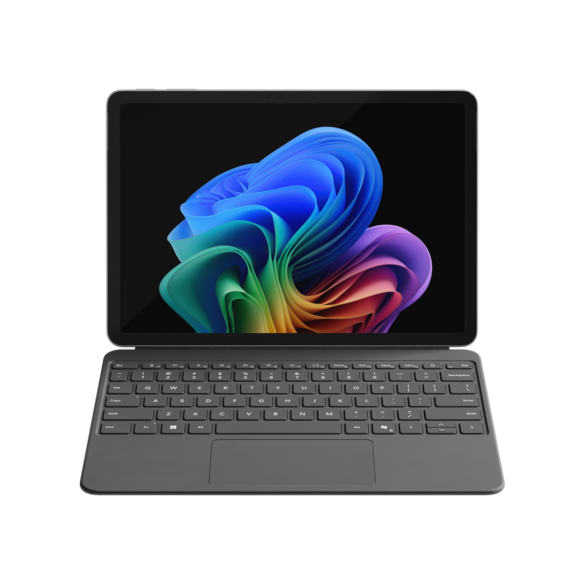 Una tableta con teclado. La pantalla muestra un patrón abstracto y colorido.