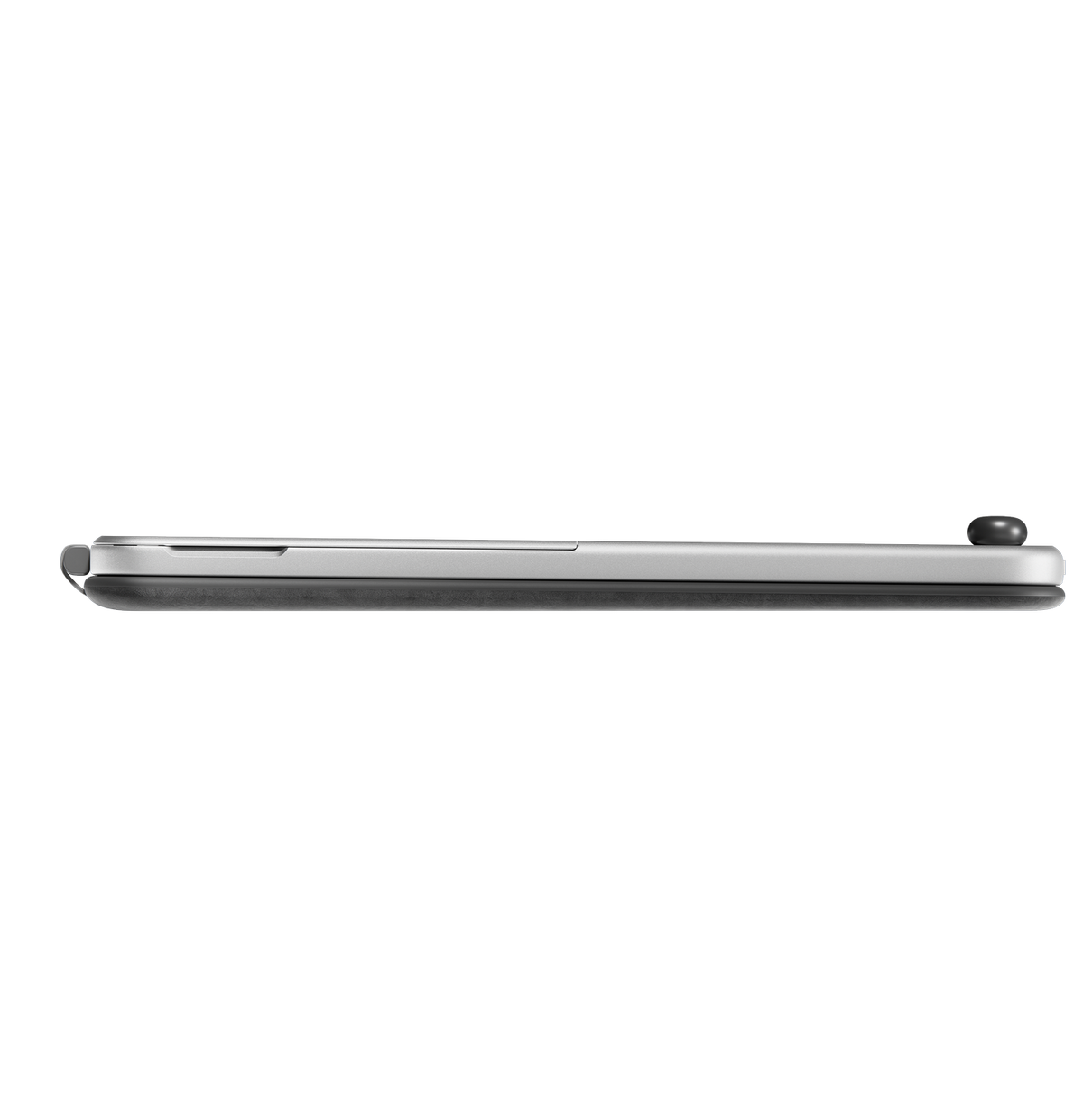 Una vista lateral de un dispositivo, plateado y negro, posiblemente un teléfono o un producto electrónico similar.