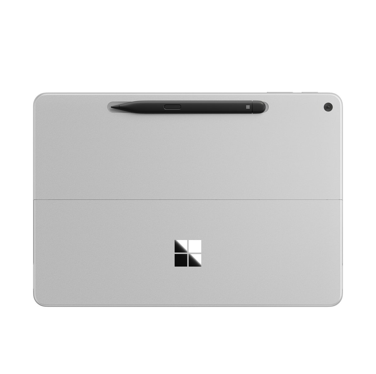 Tableta plateada con bolígrafo negro arriba, logo Microsoft. Fondo oscuro.