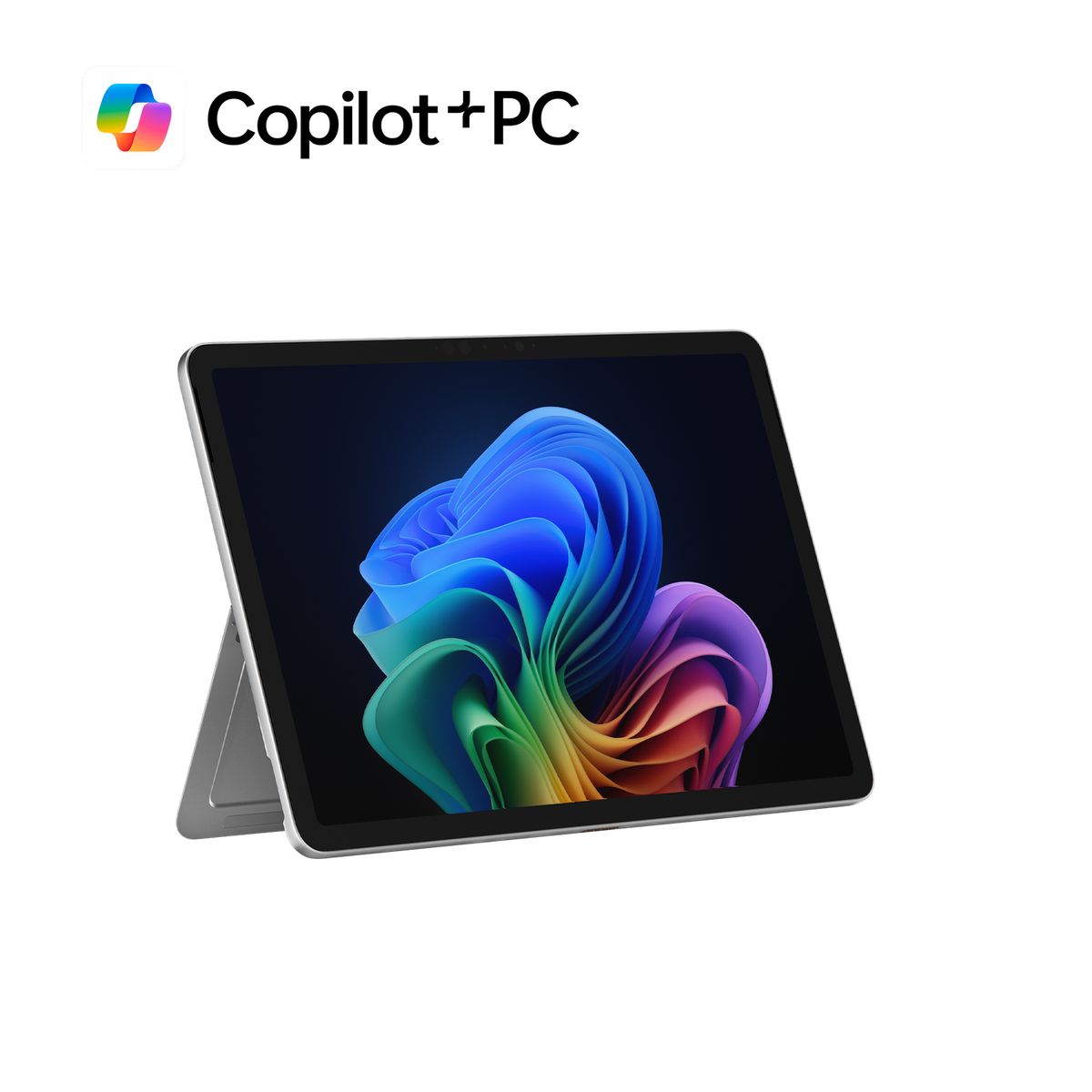 Tableta con soporte, fondo abstracto colorido en pantalla, con logo Copilot PC.