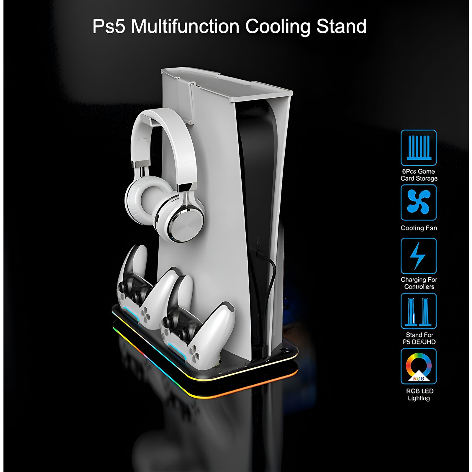 Weißer PS5-Kühlständer mit Zubehör und Spielkonsole.