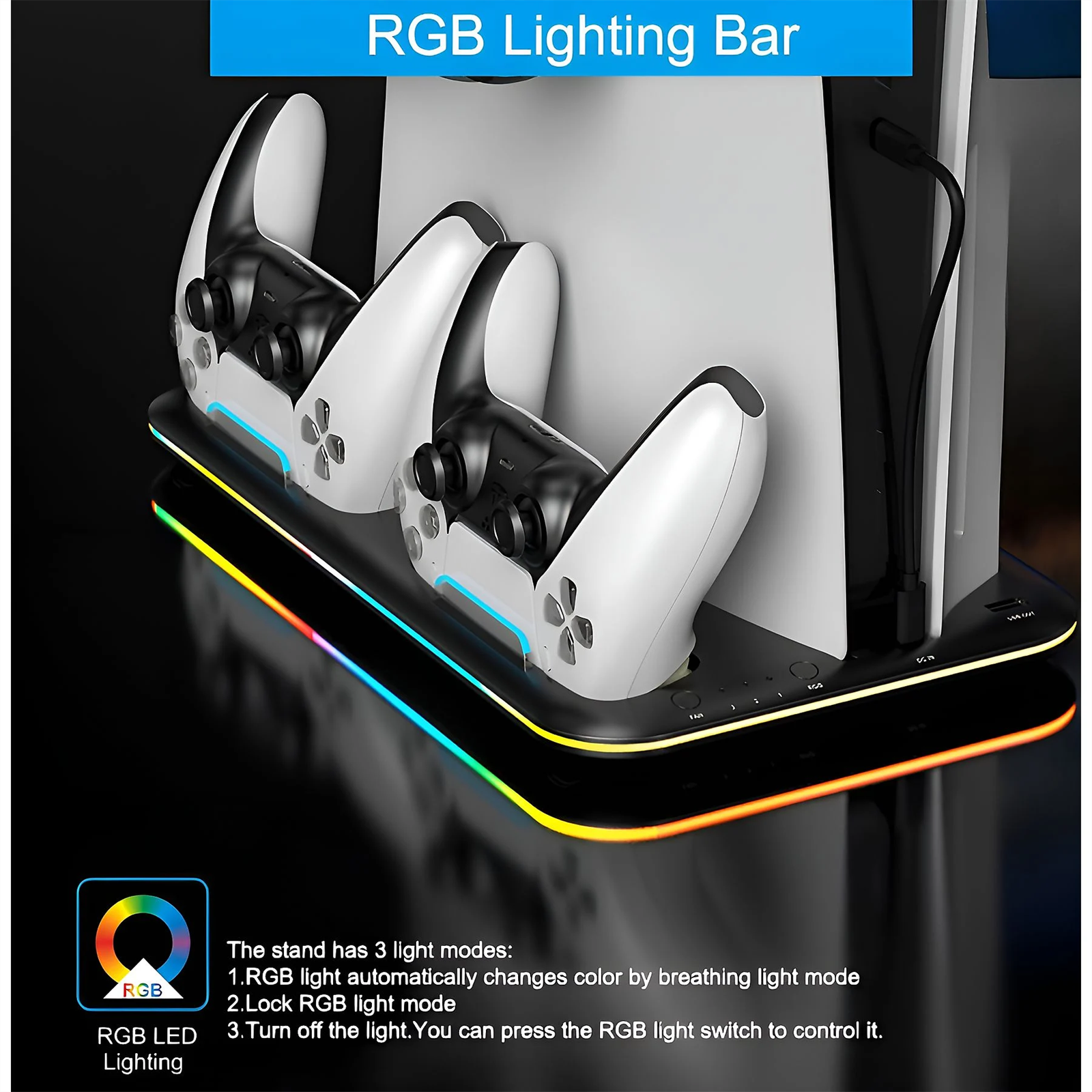 Ein schwarzer Ständer mit zwei weißen Spielcontrollern, beleuchtet mit RGB-Lichtern und einer Ladestation.