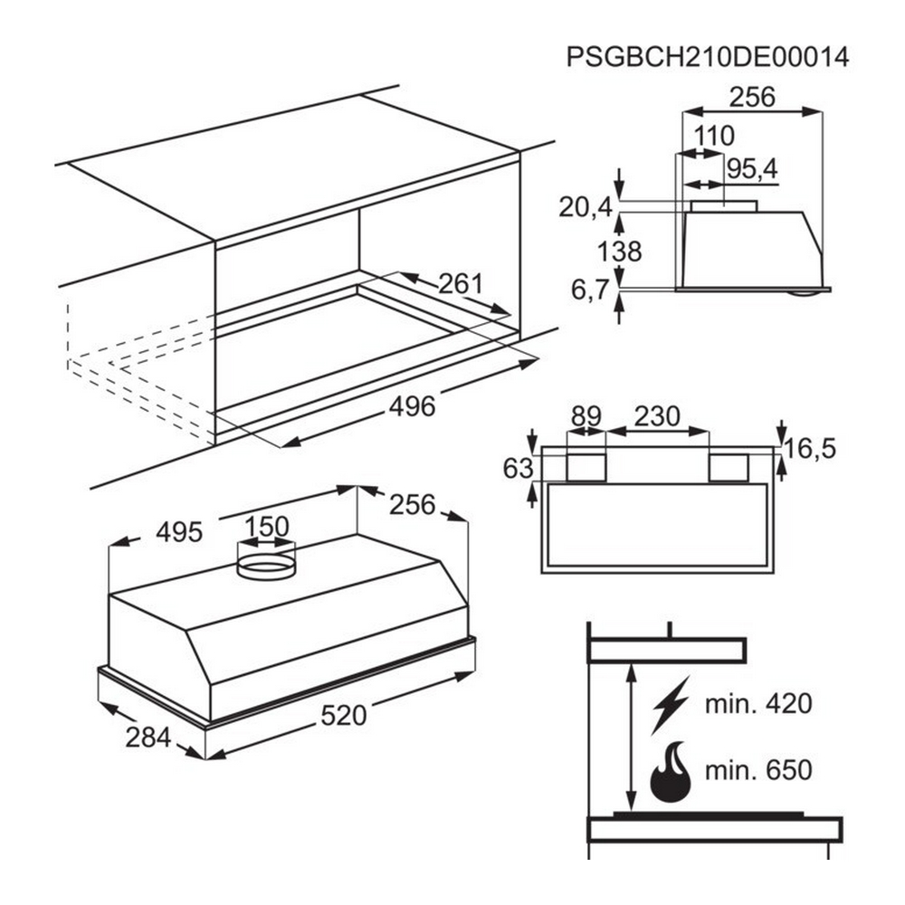 Disegno tecnico della cappa da cucina con dimensioni. Include viste dall'alto, laterali e frontali con misure.