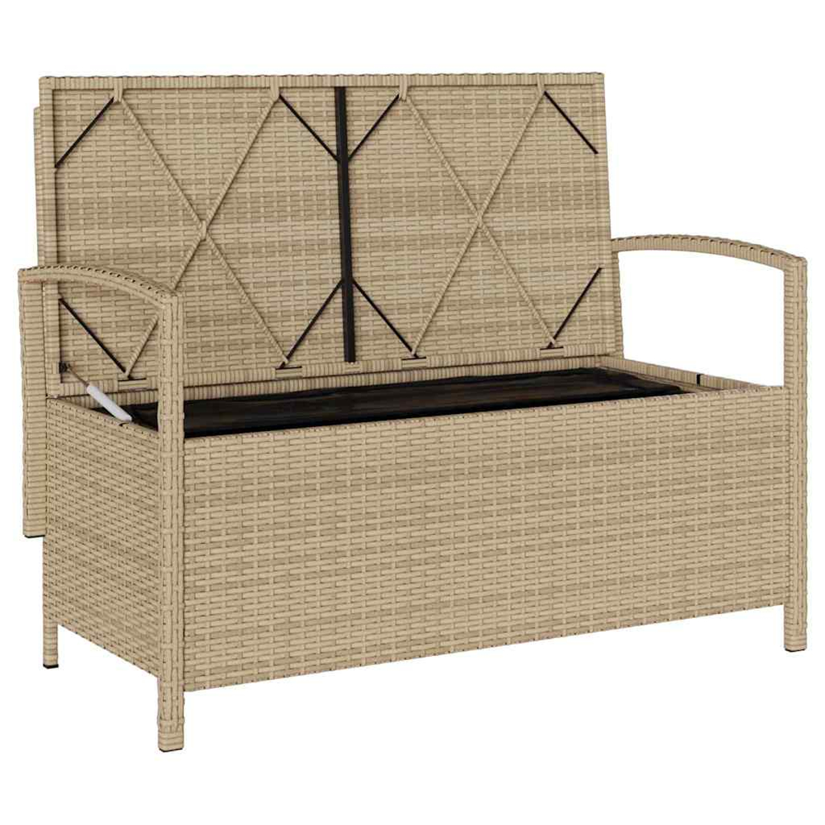 Panca contenitore in vimini beige con coperchio aperto. Con braccioli e vuota all'interno.