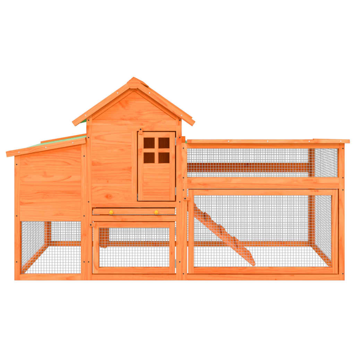 Hühnerstall aus Holz mit Haus und geschlossener Auslauf. Hellorange.