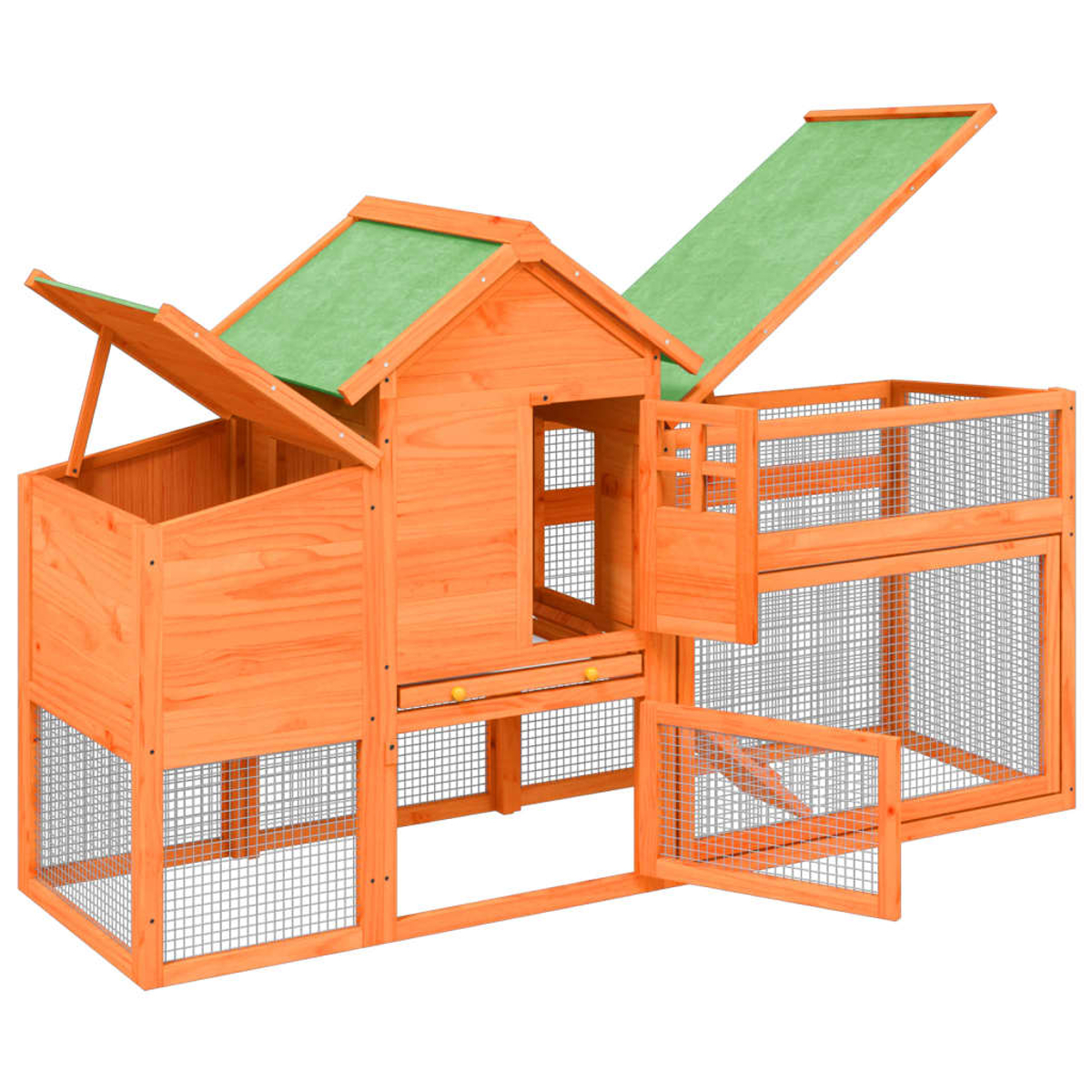 Hühnerstall aus Holz mit geöffneten Türen und Dachpaneelen. Grünes Dach. Drahtgeflecht sichtbar.