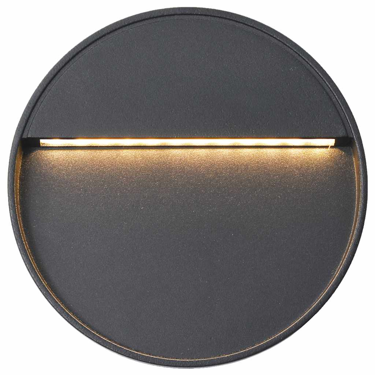 Schwarze, runde Wandleuchte mit einem eingelassenen horizontalen Licht. Kreisförmige Form mit dunklem Rand.