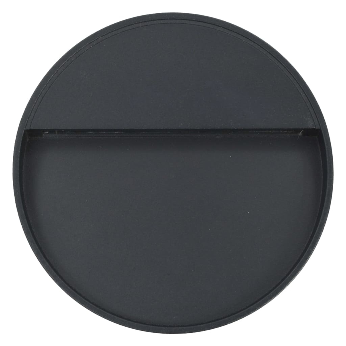 Schwarze, runde Wandleuchte mit einer vertieften horizontalen Leuchte. Kreisförmige Form mit dunklem Rand und hellem Licht.