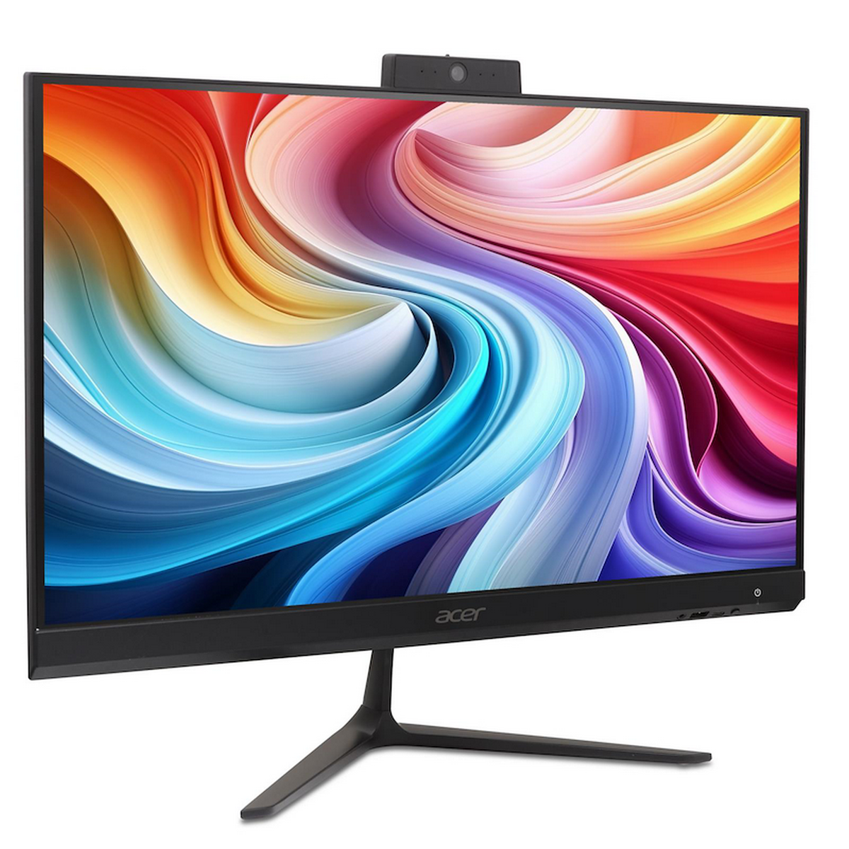 Un monitor Acer negro con una pantalla colorida. Una cámara web está en la parte superior. El soporte es negro y curvado.