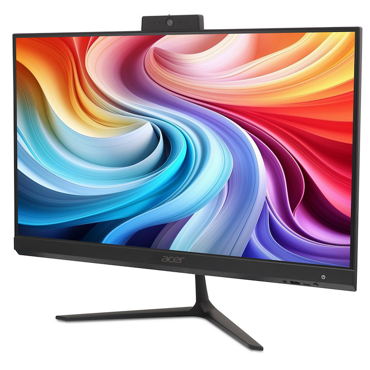 Un monitor Acer negro con una pantalla colorida. Una cámara web está en la parte superior. El soporte es negro y curvado.