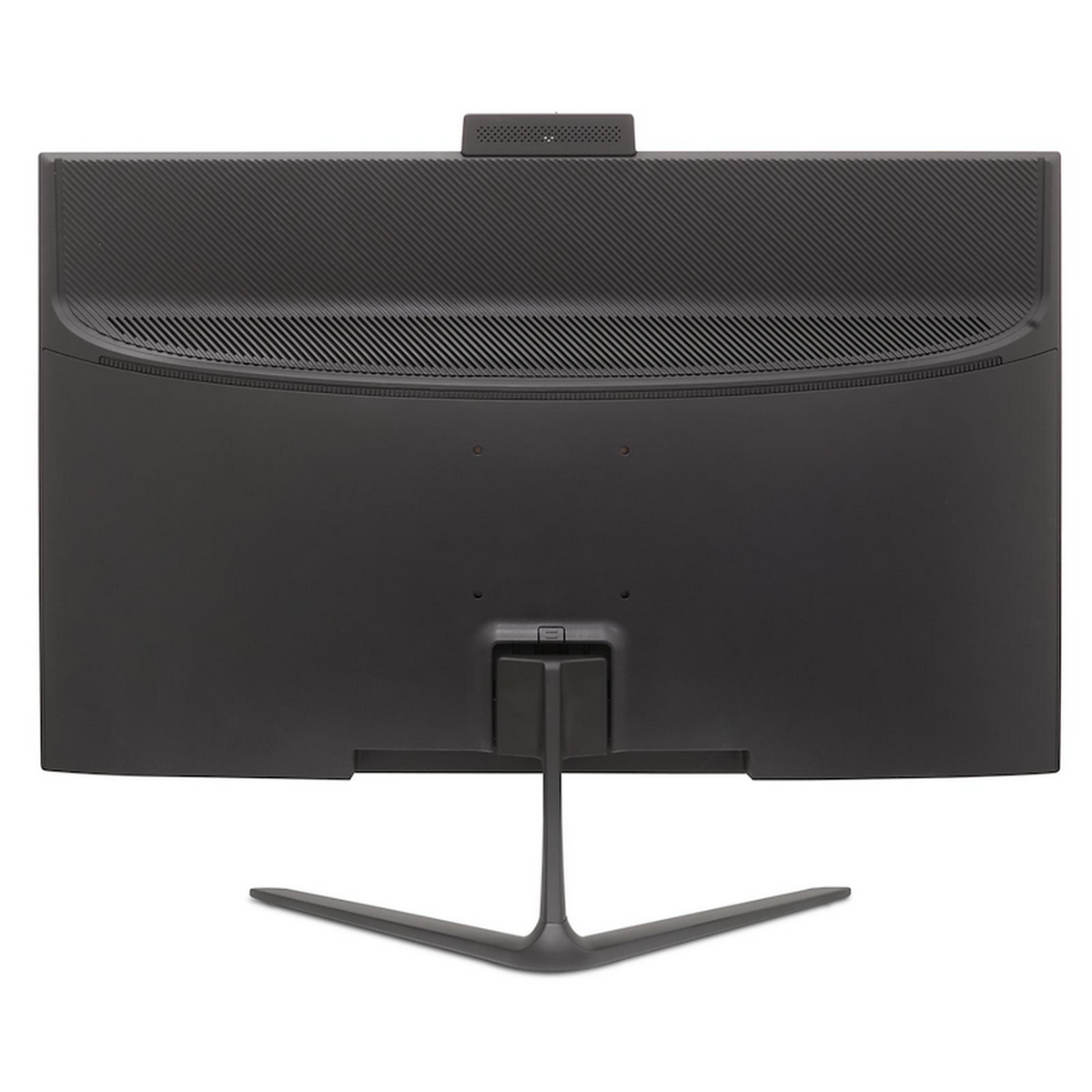 La parte trasera de un monitor Acer negro con soporte. Una cámara web está en la parte superior.