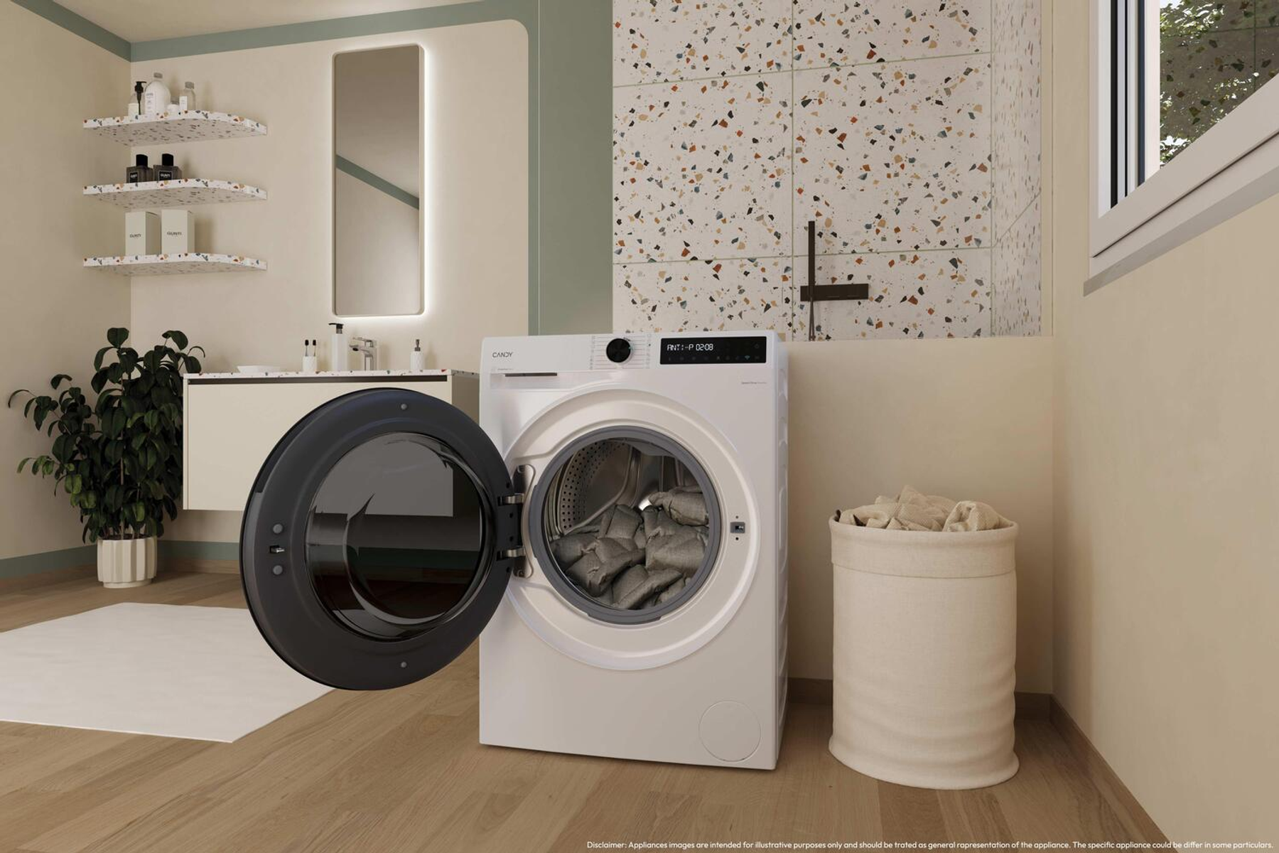Nowoczesna łazienka z białą pralką z otwartymi drzwiami i koszem na pranie.