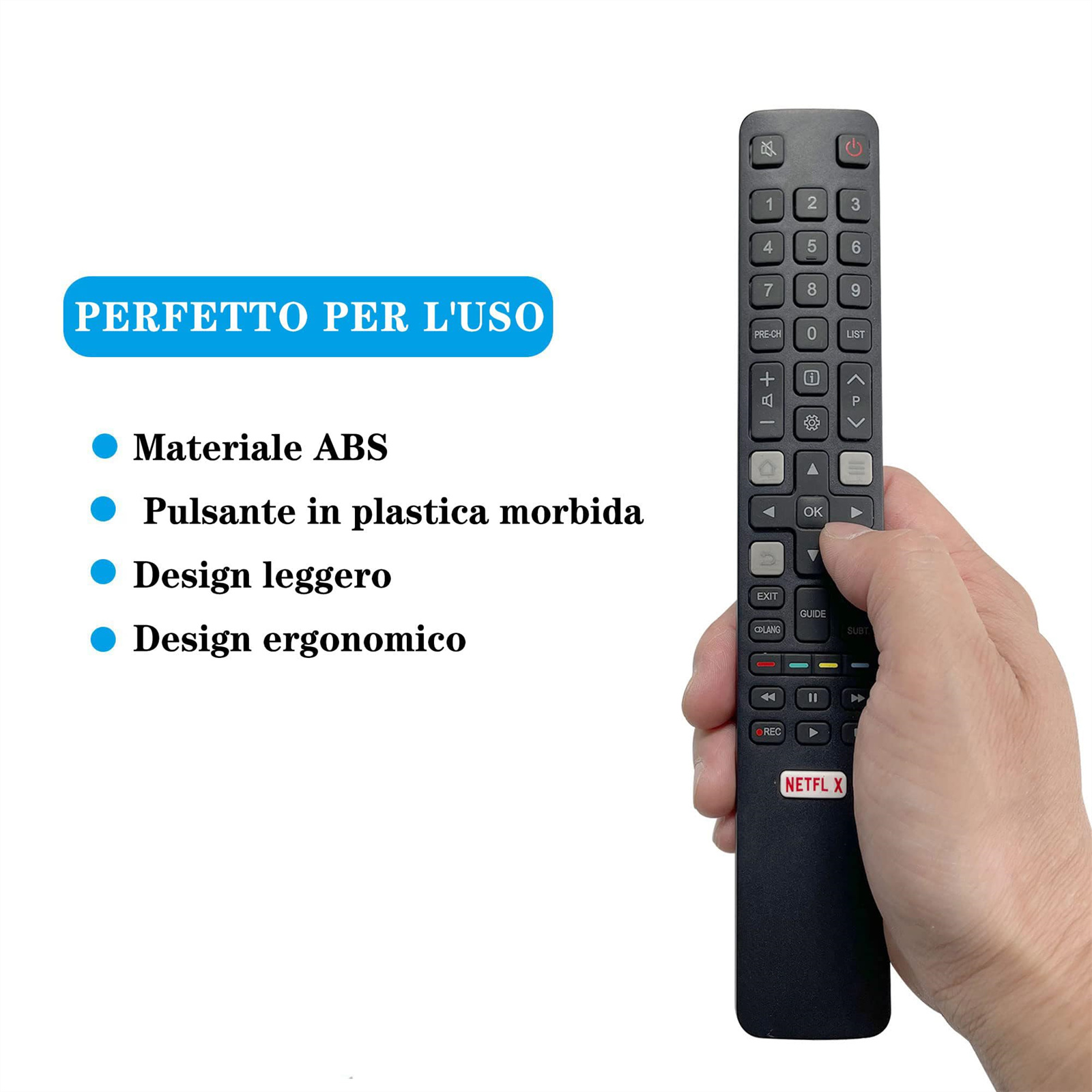 Eine Hand, die eine schwarze Fernbedienung mit Knöpfen hält, mit dem Text 'PERFETTO PER L'USO'.