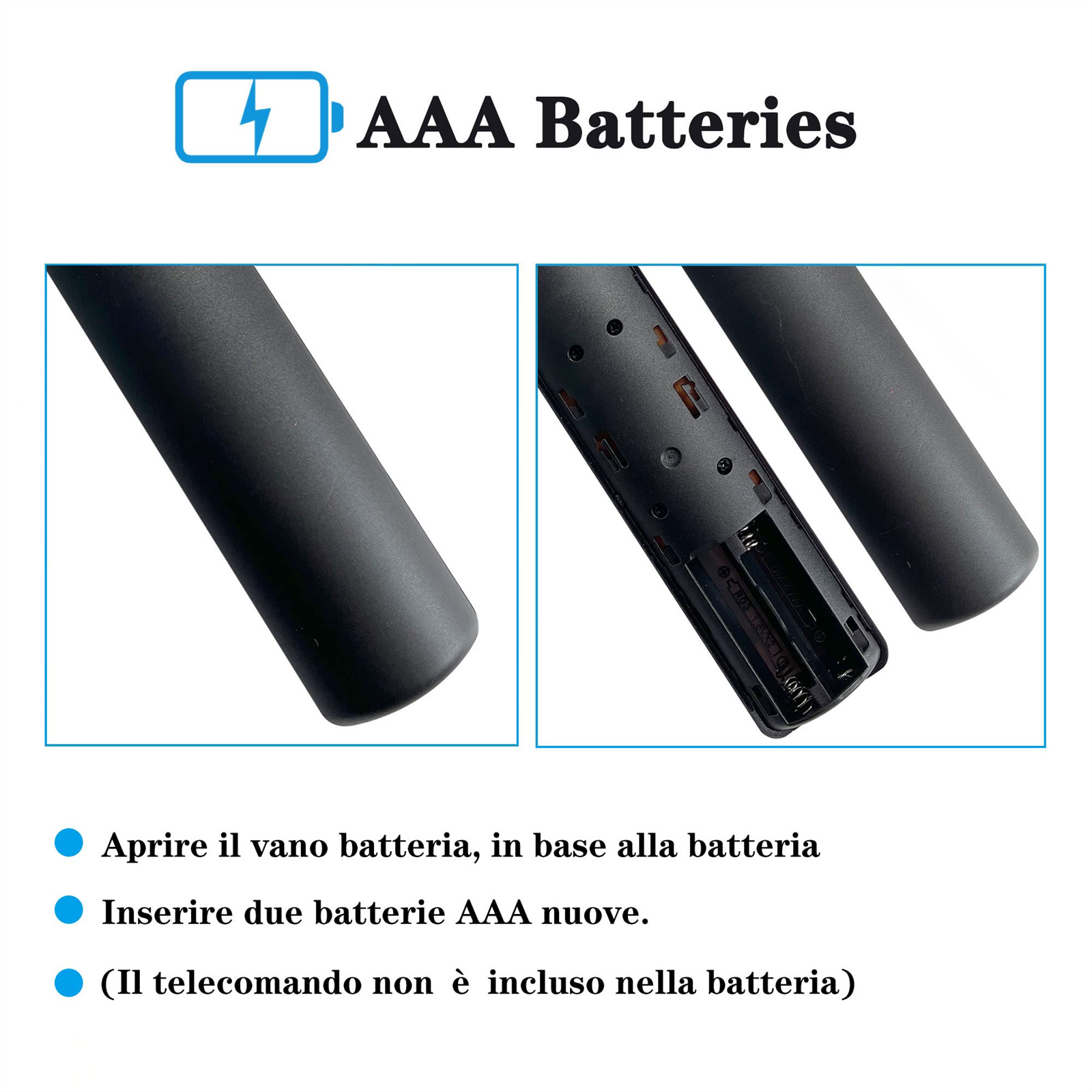 Anweisungen zum Öffnen einer Fernbedienung und Einlegen von AAA-Batterien. Text auf Italienisch.