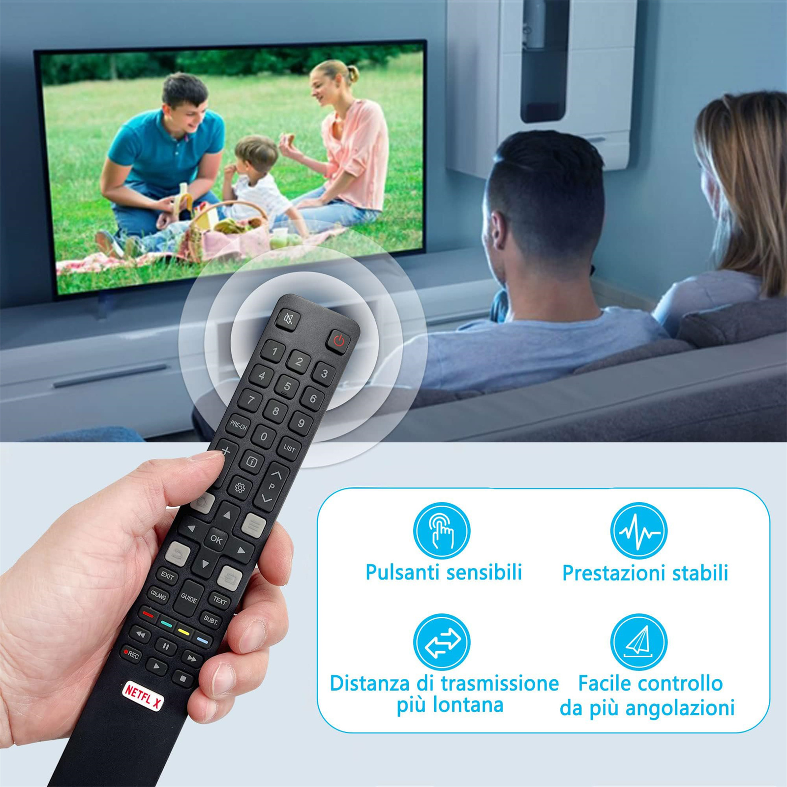 Eine Person hält eine Fernbedienung auf einen Fernseher. Der Bildschirm zeigt eine Familienszene.