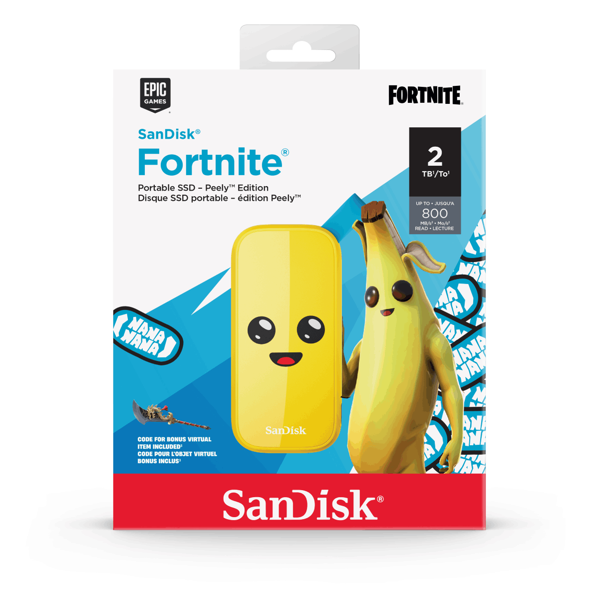 Zapakowany żółty napęd Sandisk z motywem Fortnite. Zawiera postać banana i szczegóły gry.