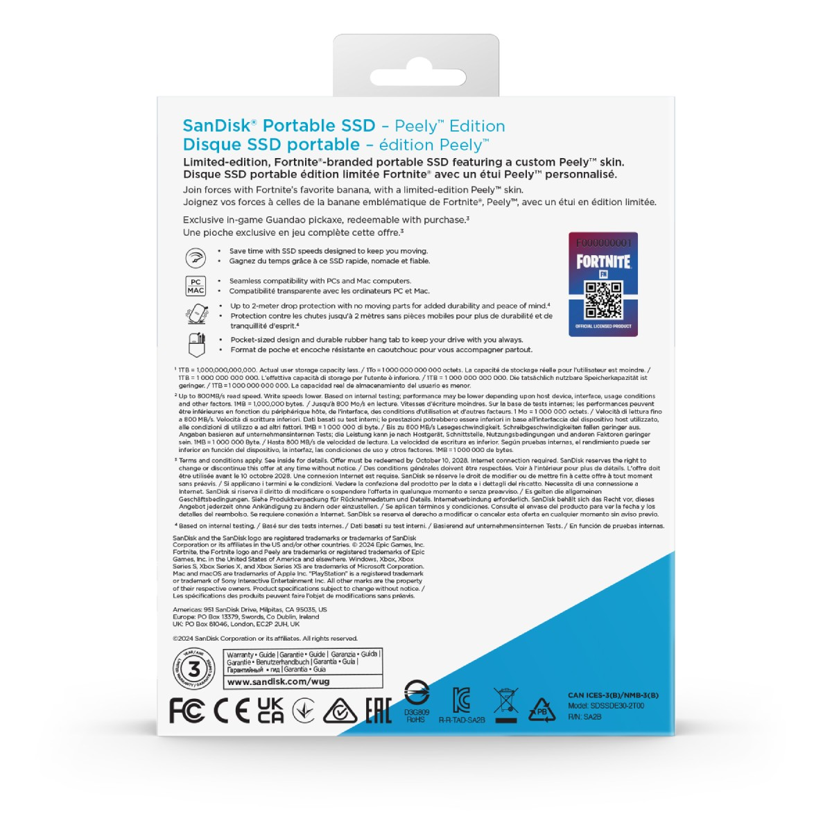 Białe i niebieskie pudełko SanDisk z czarnym tekstem, obrazami i logo Fortnite.