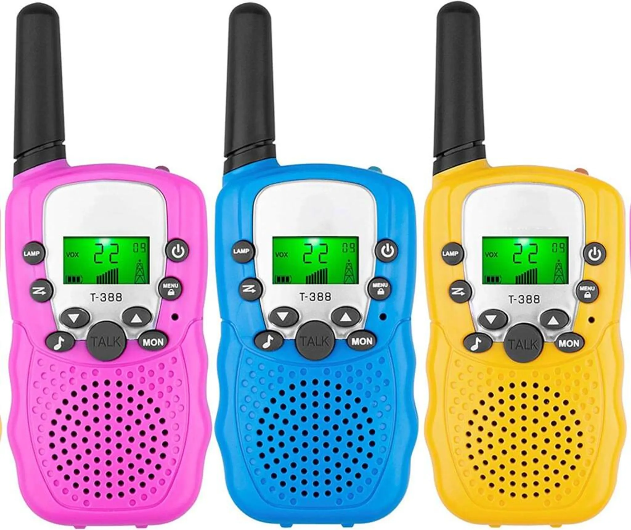 Drei Walkie-Talkies in Rosa, Blau und Gelb, jedes mit Display und Knöpfen.