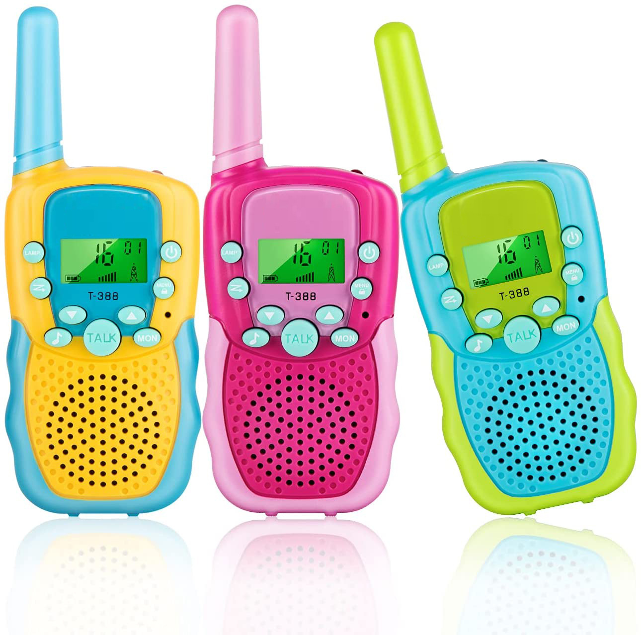 Drei farbige Walkie-Talkies: gelb, rosa und blau, jedes mit einem Display.