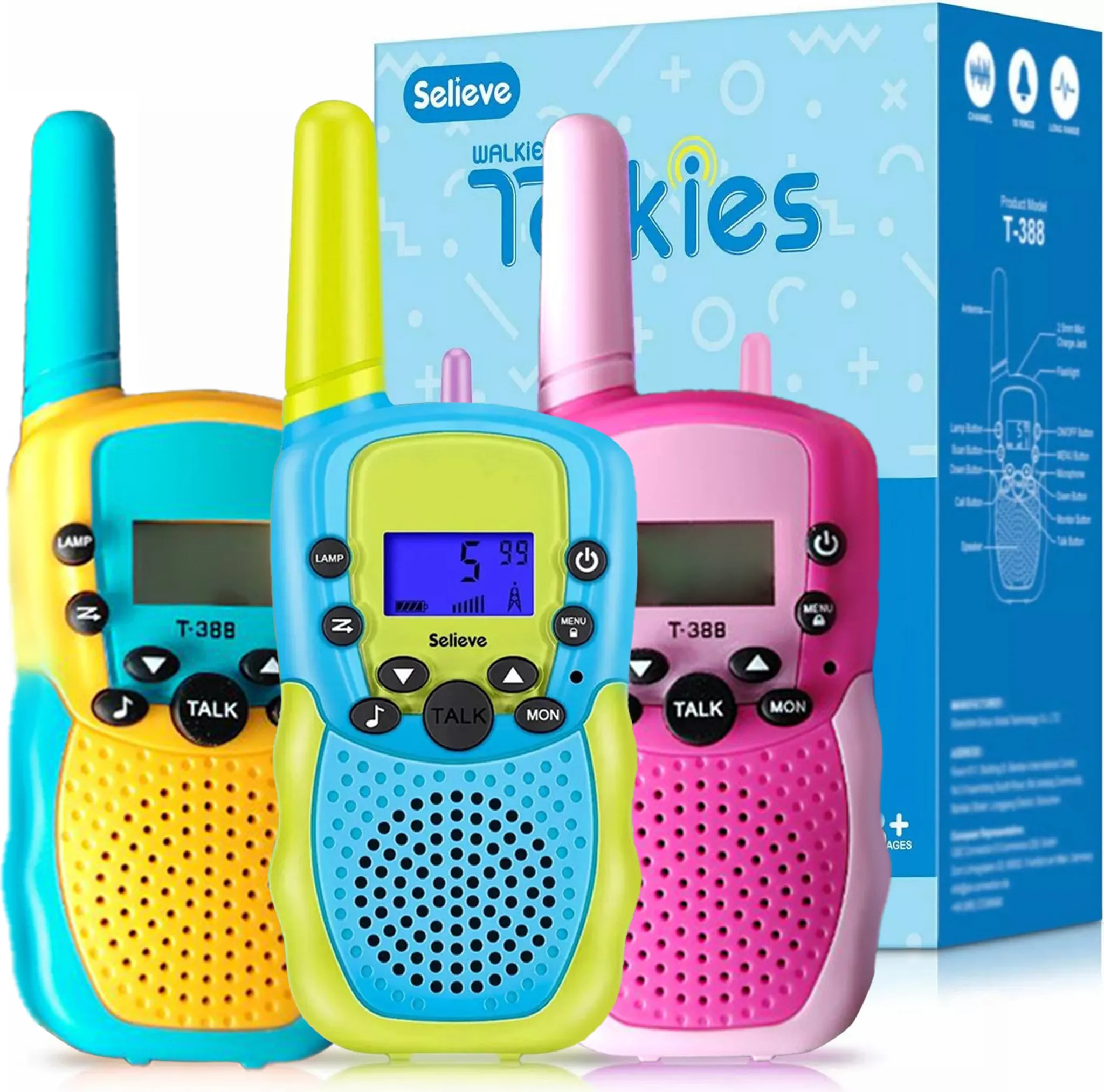 Drei farbige Walkie-Talkies mit einer Box, die ein Display und Tasten zeigen.