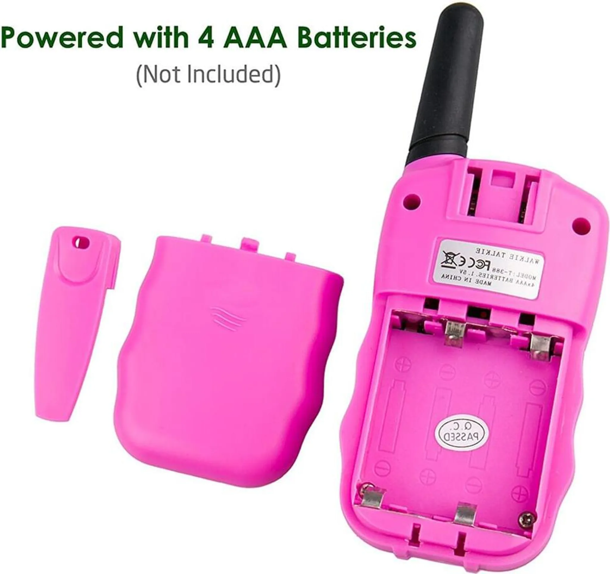 Pinkes Walkie-Talkie mit offenem Batteriefach, Batterien nicht enthalten, pinkes Zubehör.