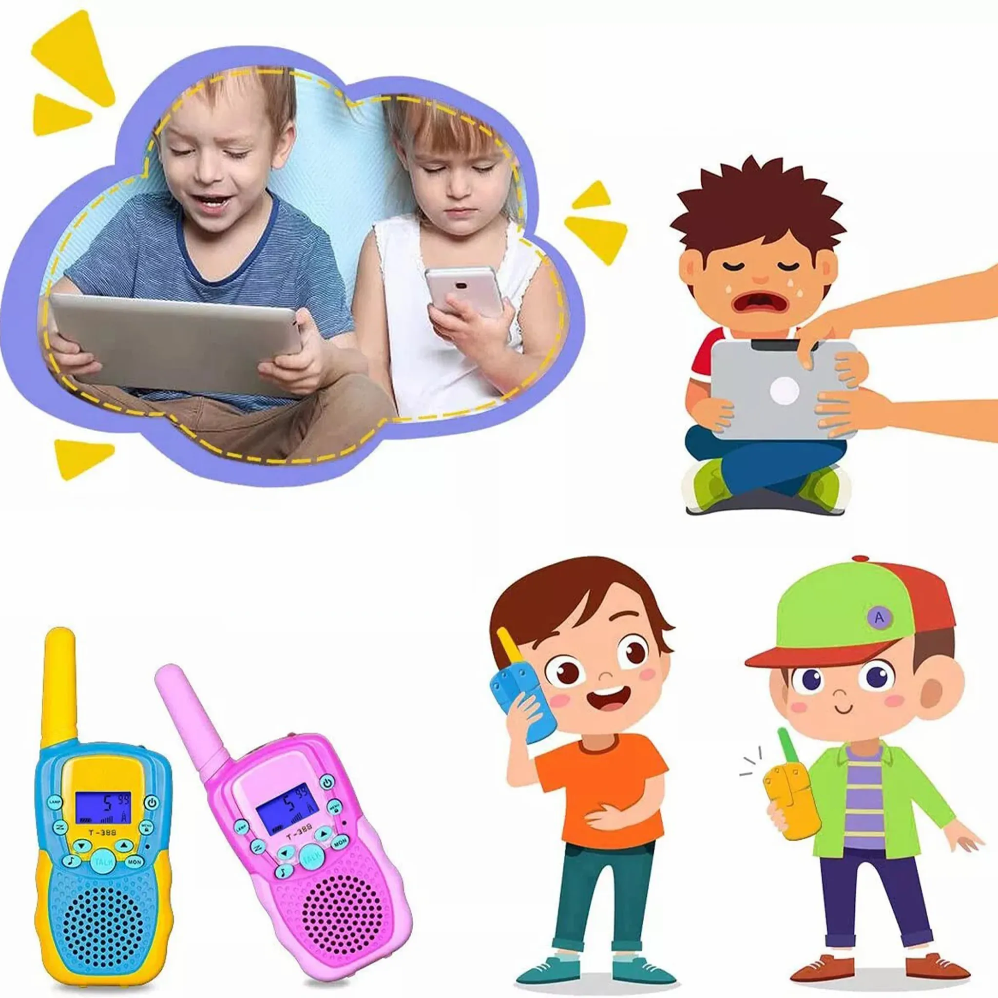 Cartoon mit Kindern mit Tablets und Walkie-Talkies, einige glücklich, andere traurig.