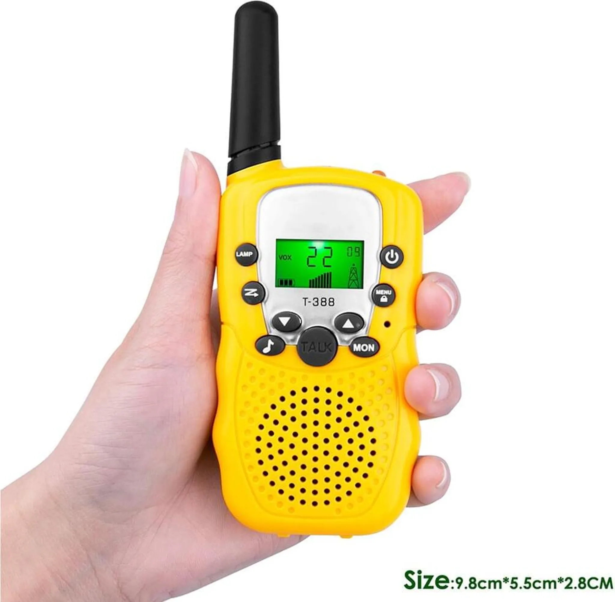 Ein gelbes Walkie-Talkie in einer Hand, mit Größenangaben unten.
