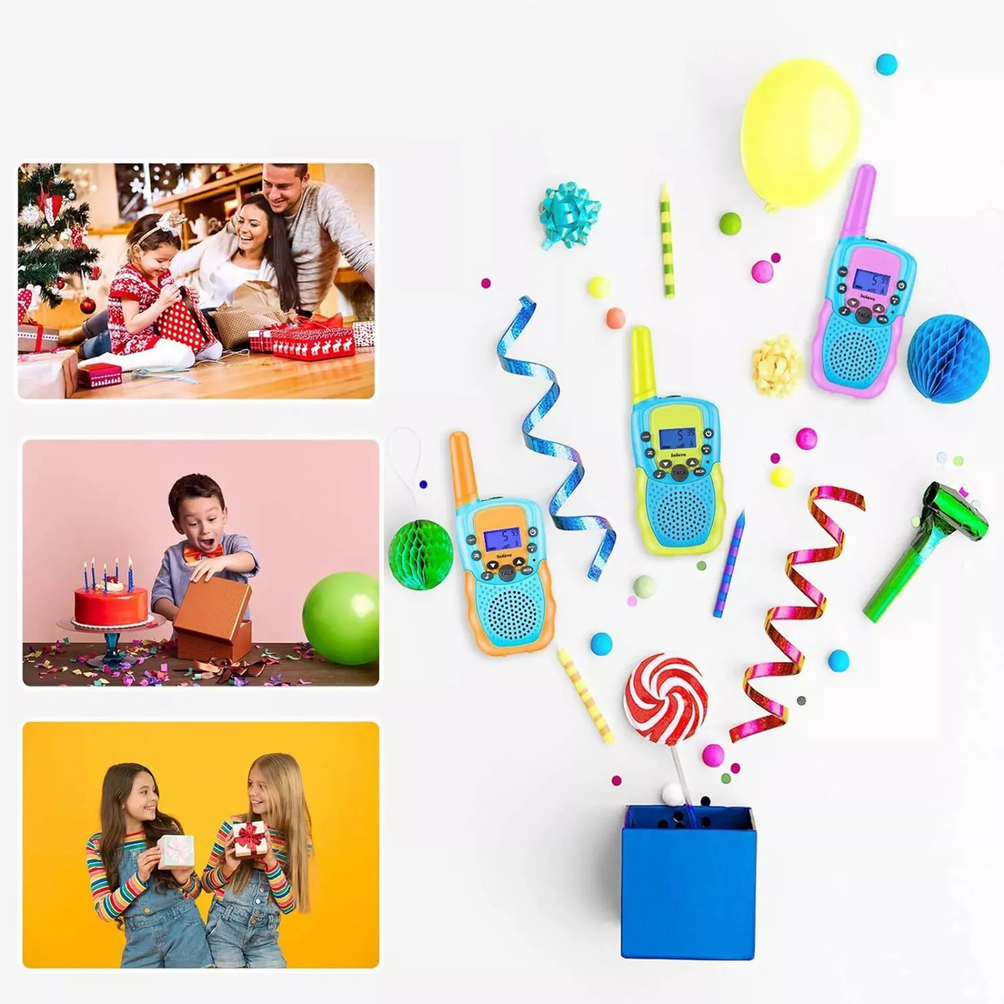 Szenen von Familiengeschenken, Kindern mit Geschenken und Partydekorationen zum Thema Walkie-Talkie.