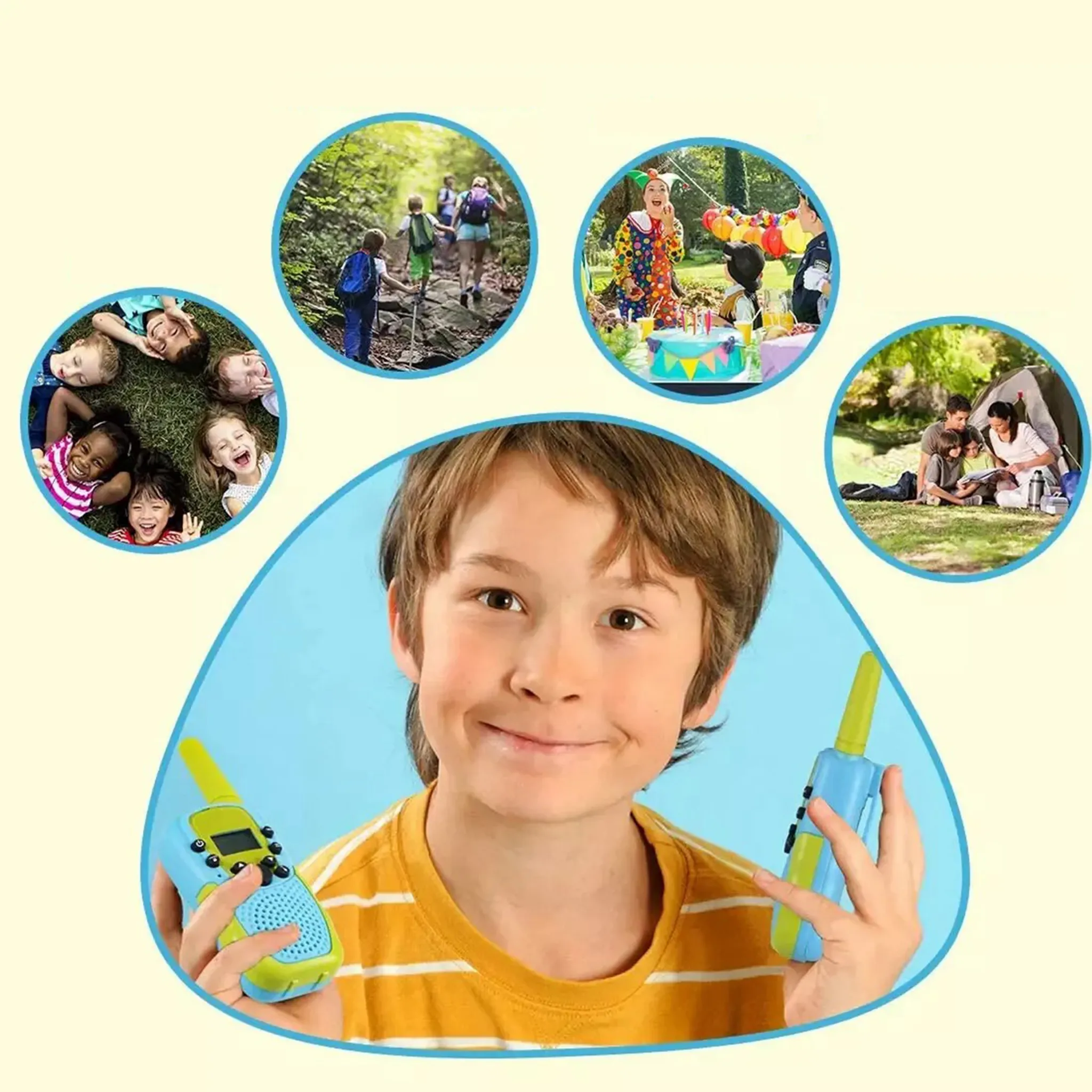 Ein Junge mit einem Walkie-Talkie lächelt, umgeben von Bildern von Kindern und Aktivitäten.