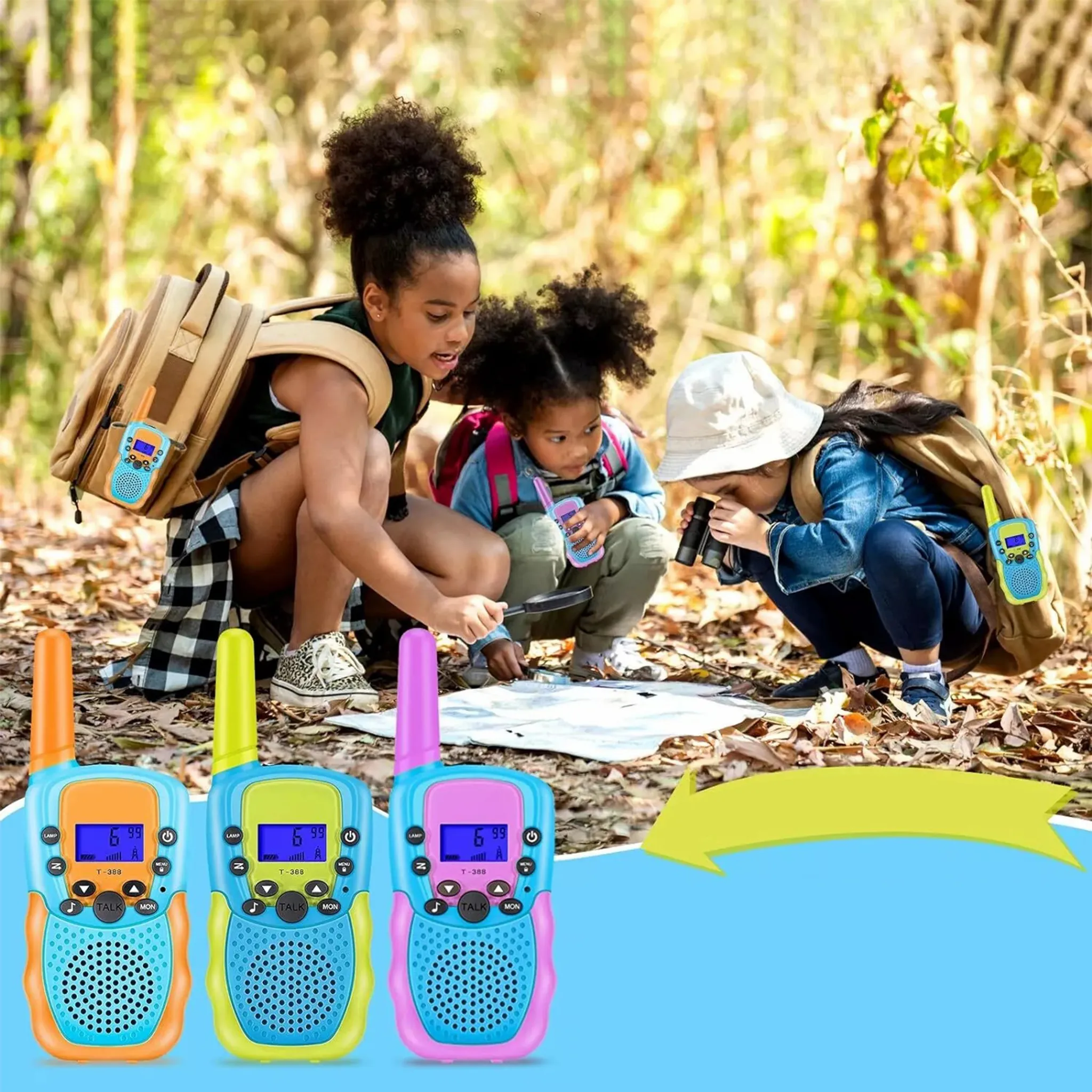 Drei Kinder im Wald schauen auf eine Karte, im Vordergrund drei bunte Walkie-Talkies.