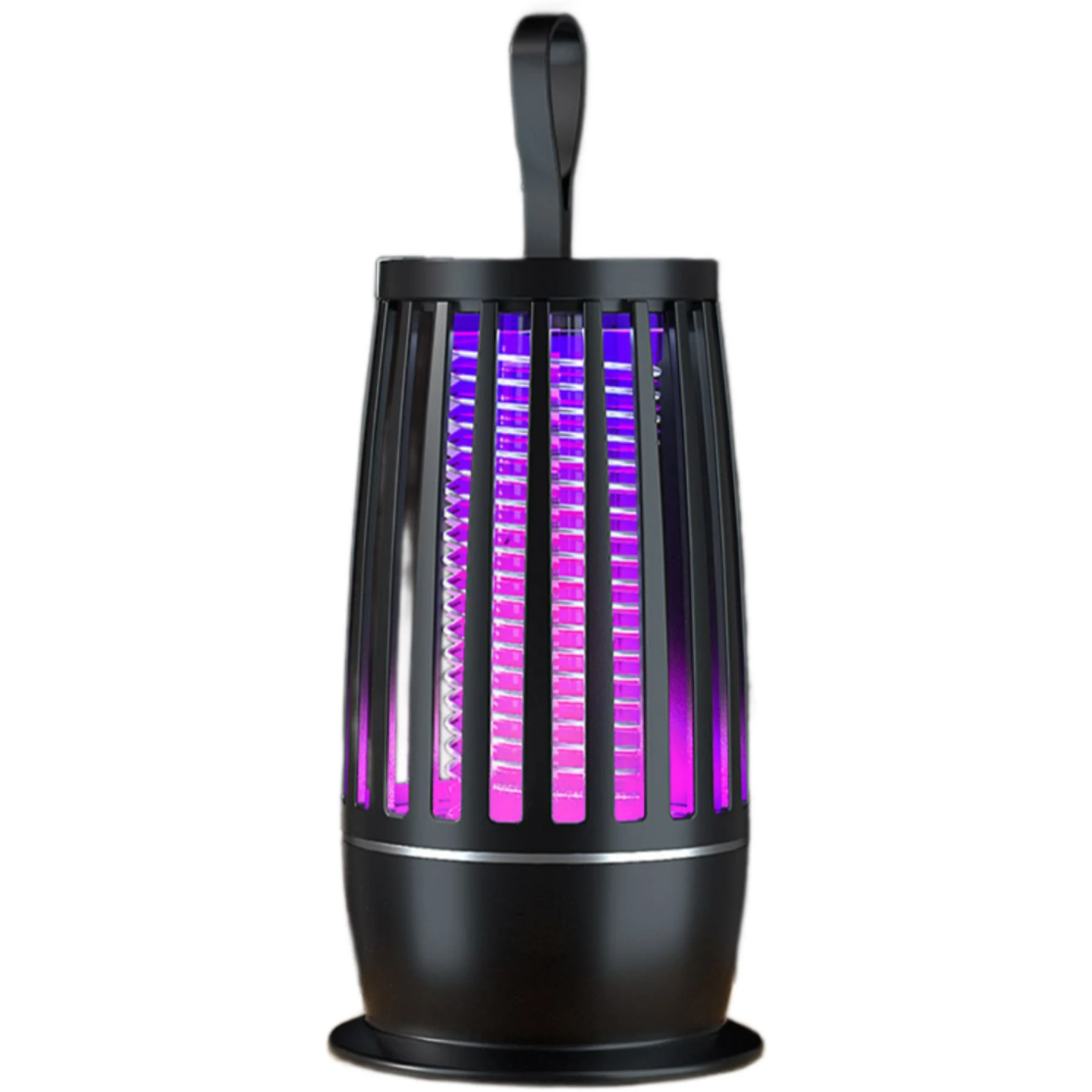 Eine schwarze Insektenvernichter-Lampe mit Griff, die lila und rosa Licht ausstrahlt.