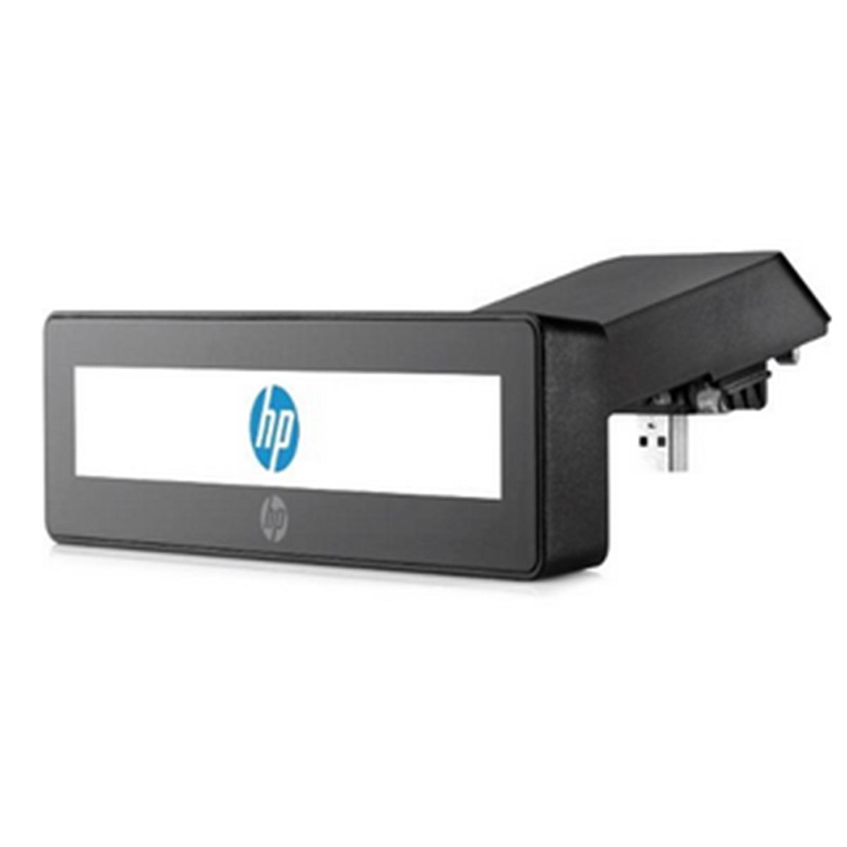 Czarne prostokątne urządzenie z białym prostokątem i logo HP.