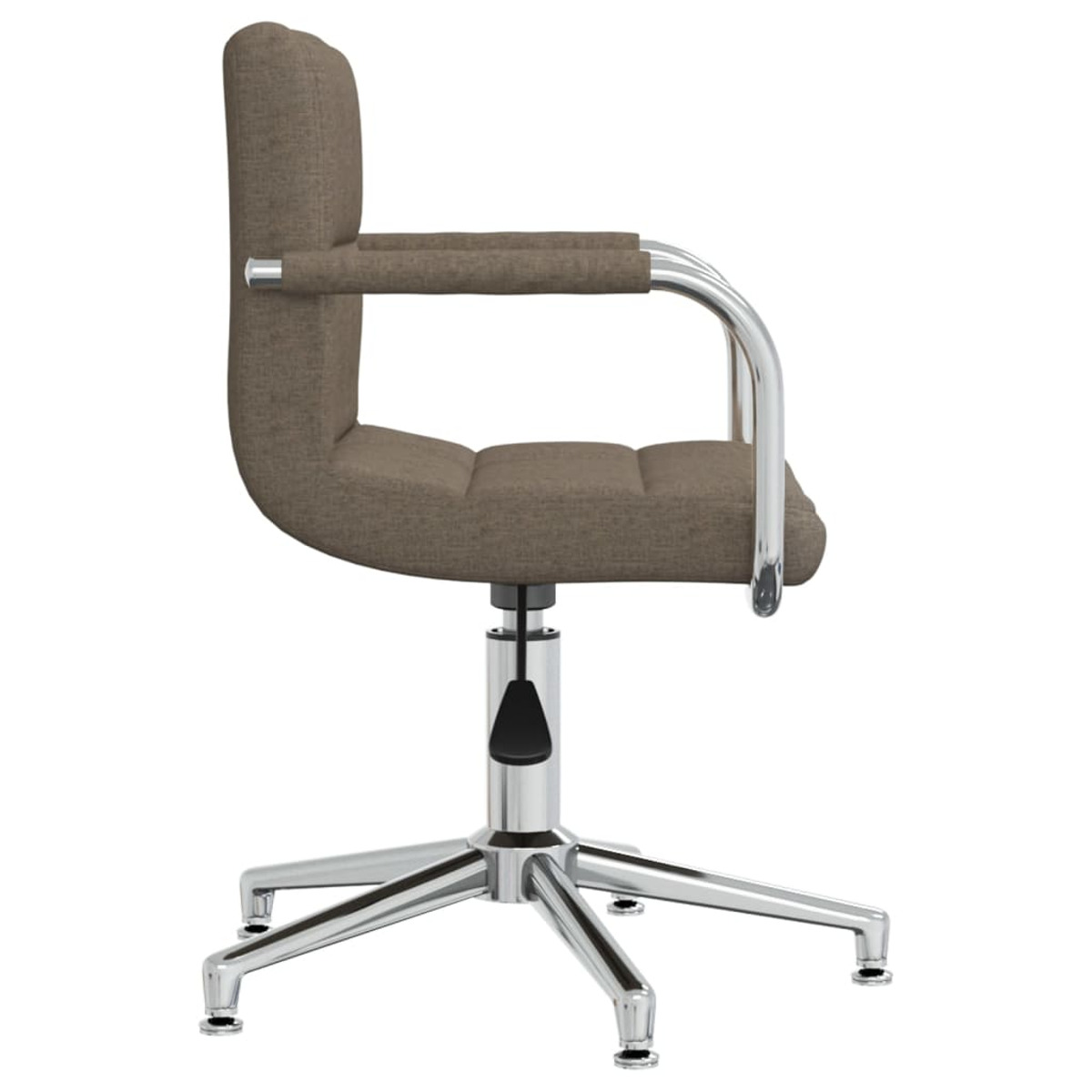Silla de oficina marrón de perfil, con brazos cromados, patas y palanca negra.