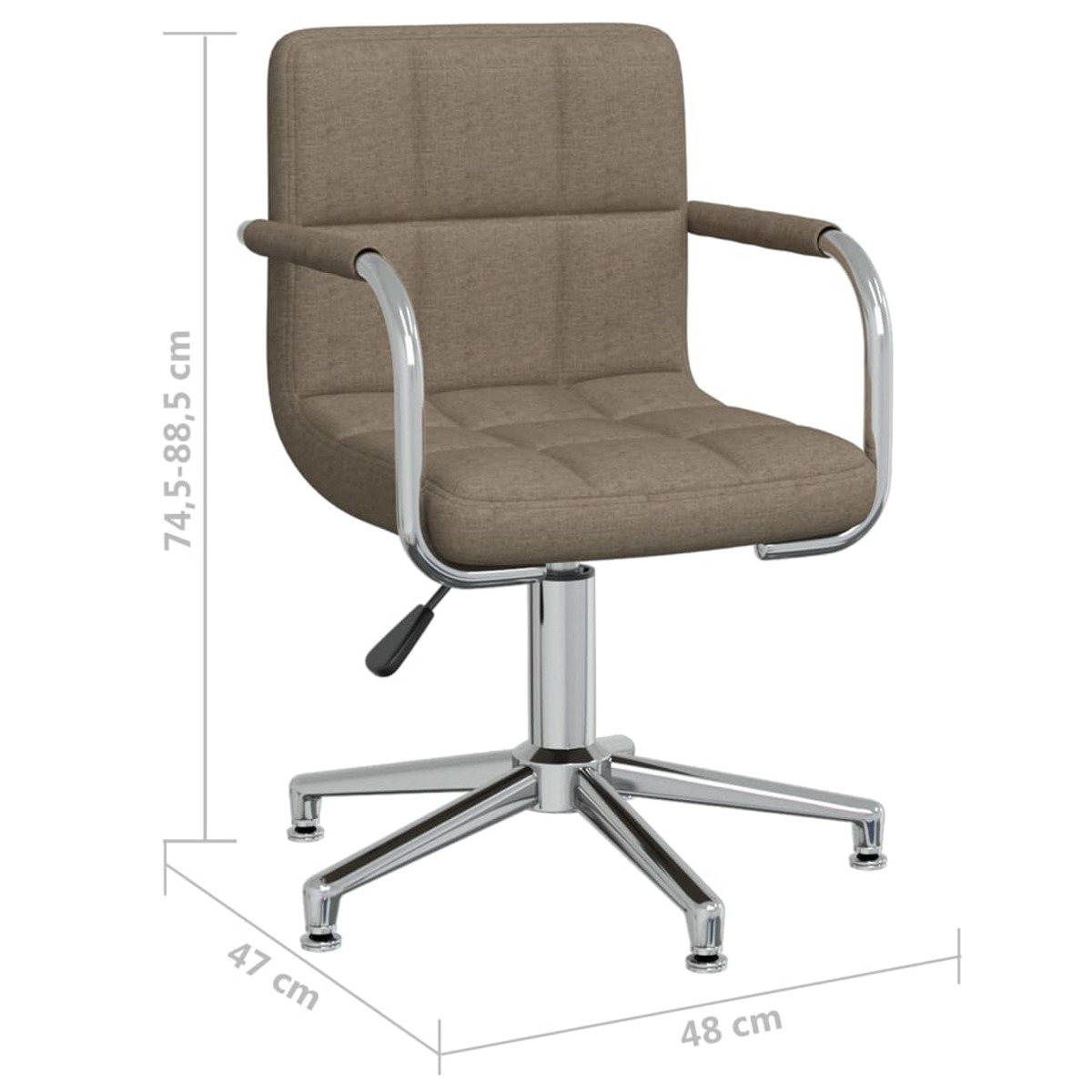 Una silla de oficina gris con patas y reposabrazos plateados. Se muestran las dimensiones.