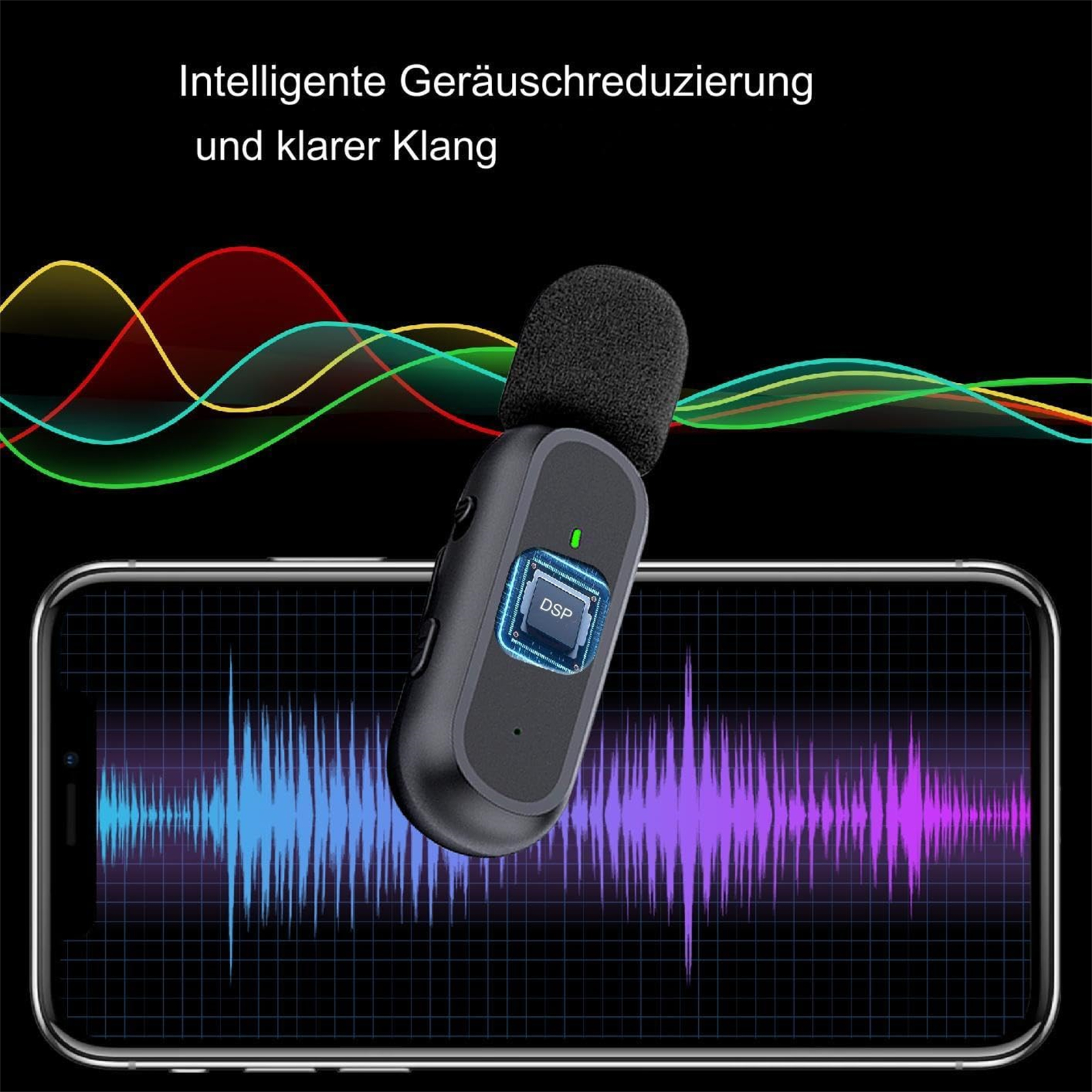 Ein Mikrofon, das mit einem Telefon mit Schallwellenanzeige verbunden ist, Text sagt 'Intelligente Geräuschreduzierung'.
