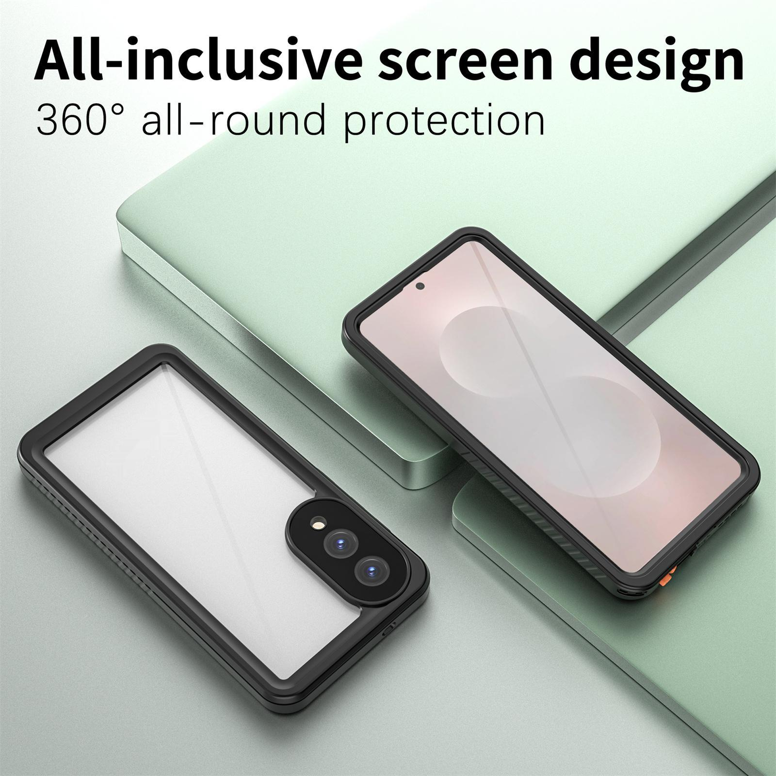 Zwei Handyhüllen mit einem Telefon darin, Text sagt 'All-inclusive Bildschirmdesign'.