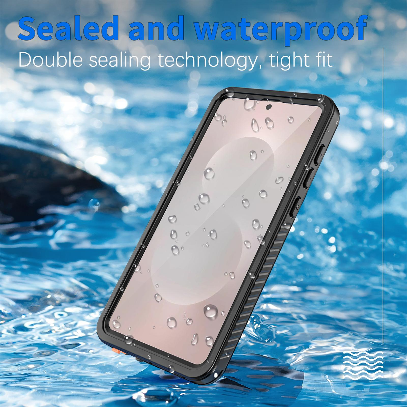 Handyhülle mit Telefon darin, umgeben von Wasser. Text sagt 'Versiegelt und wasserdicht'.