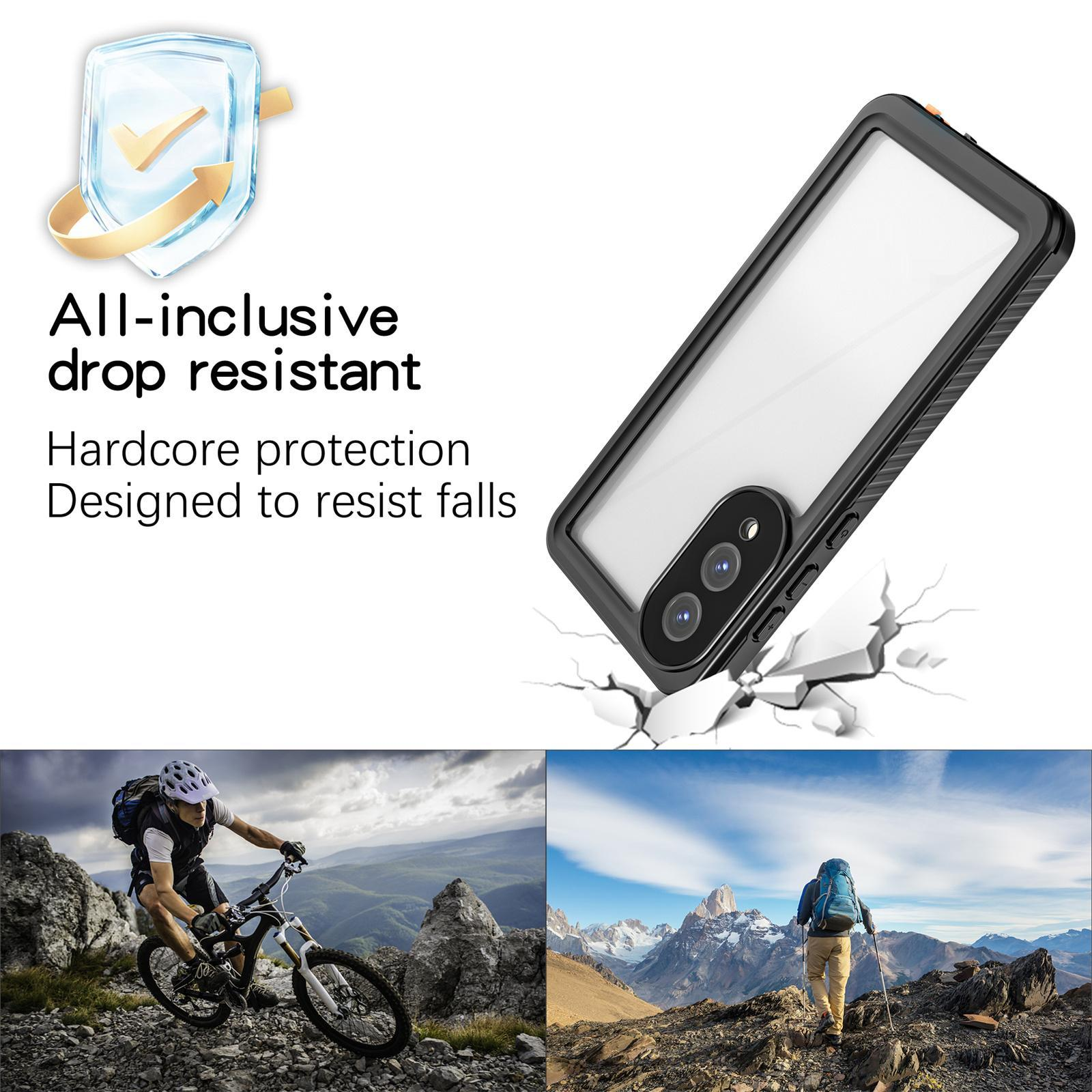 Telefonhülle mit Text, Bild eines Mountainbikers und Wanderers.
