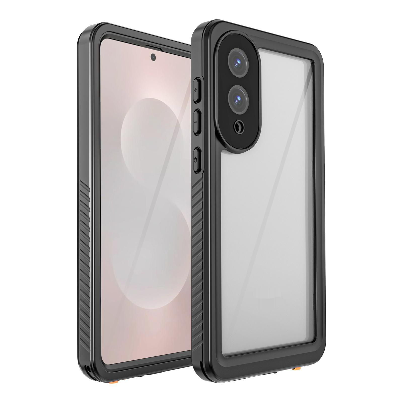 Schwarze Handyhülle mit durchsichtigem Rücken, Telefon und Kamera zeigend, mit Seitenansicht.