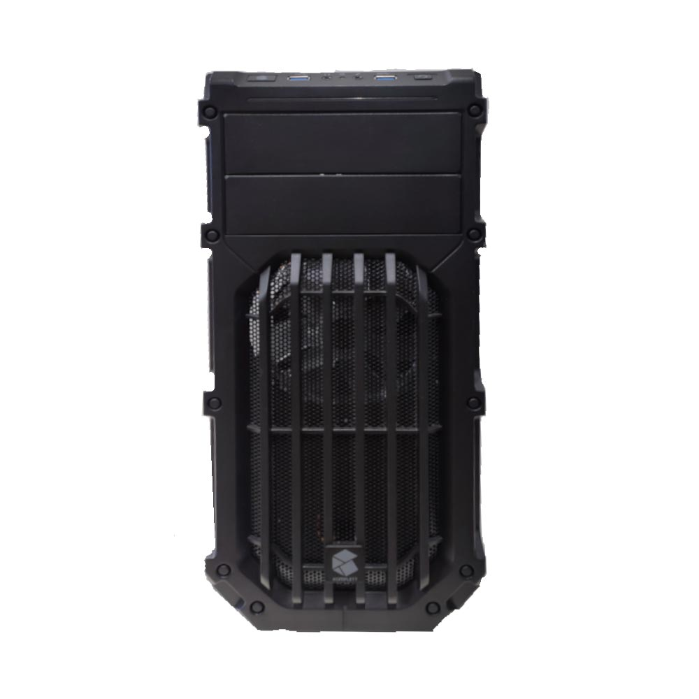 Czarna obudowa komputera z kratką z przodu i kilkoma portami na górze.