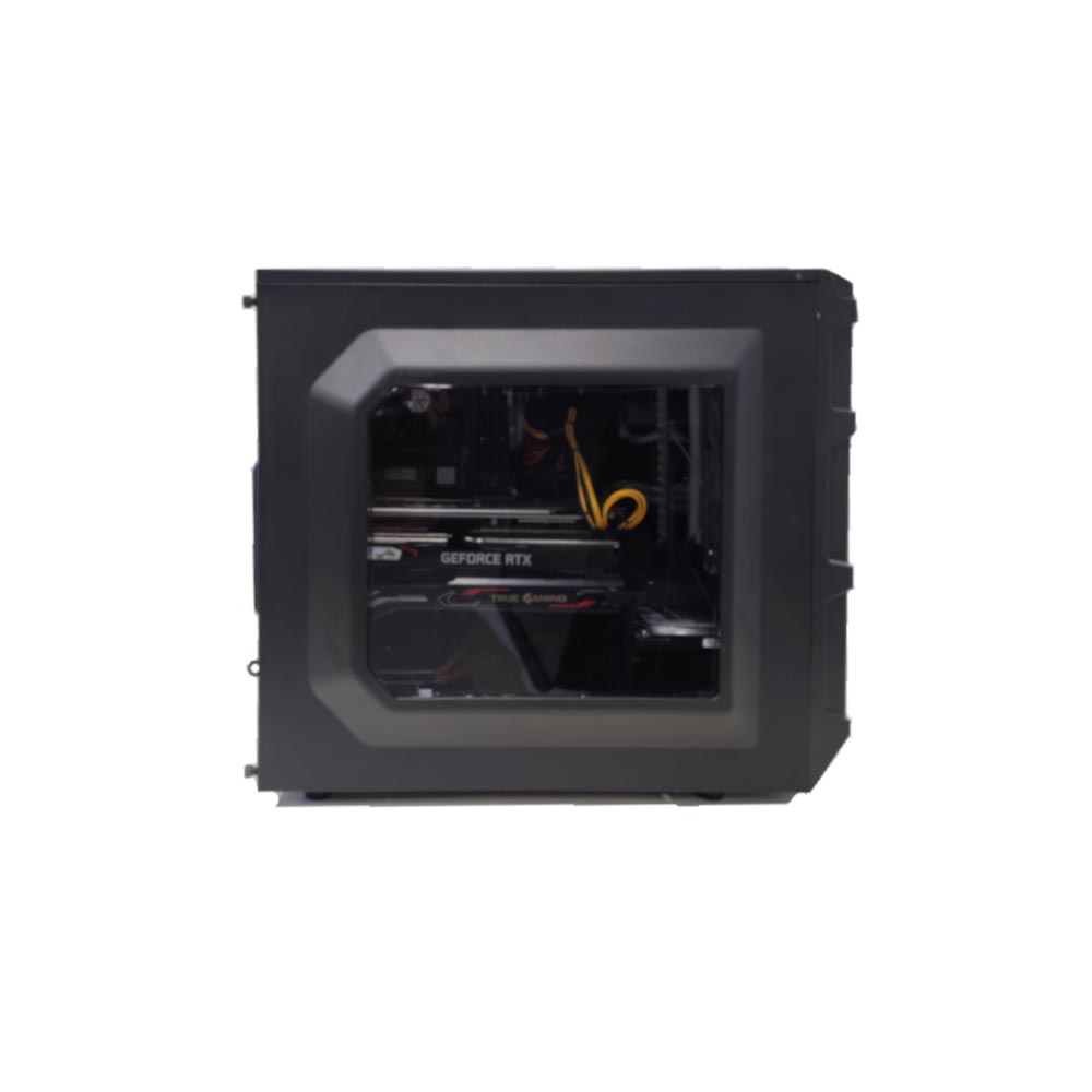 Czarna obudowa komputera. Okno pokazuje wewnętrzne komponenty.