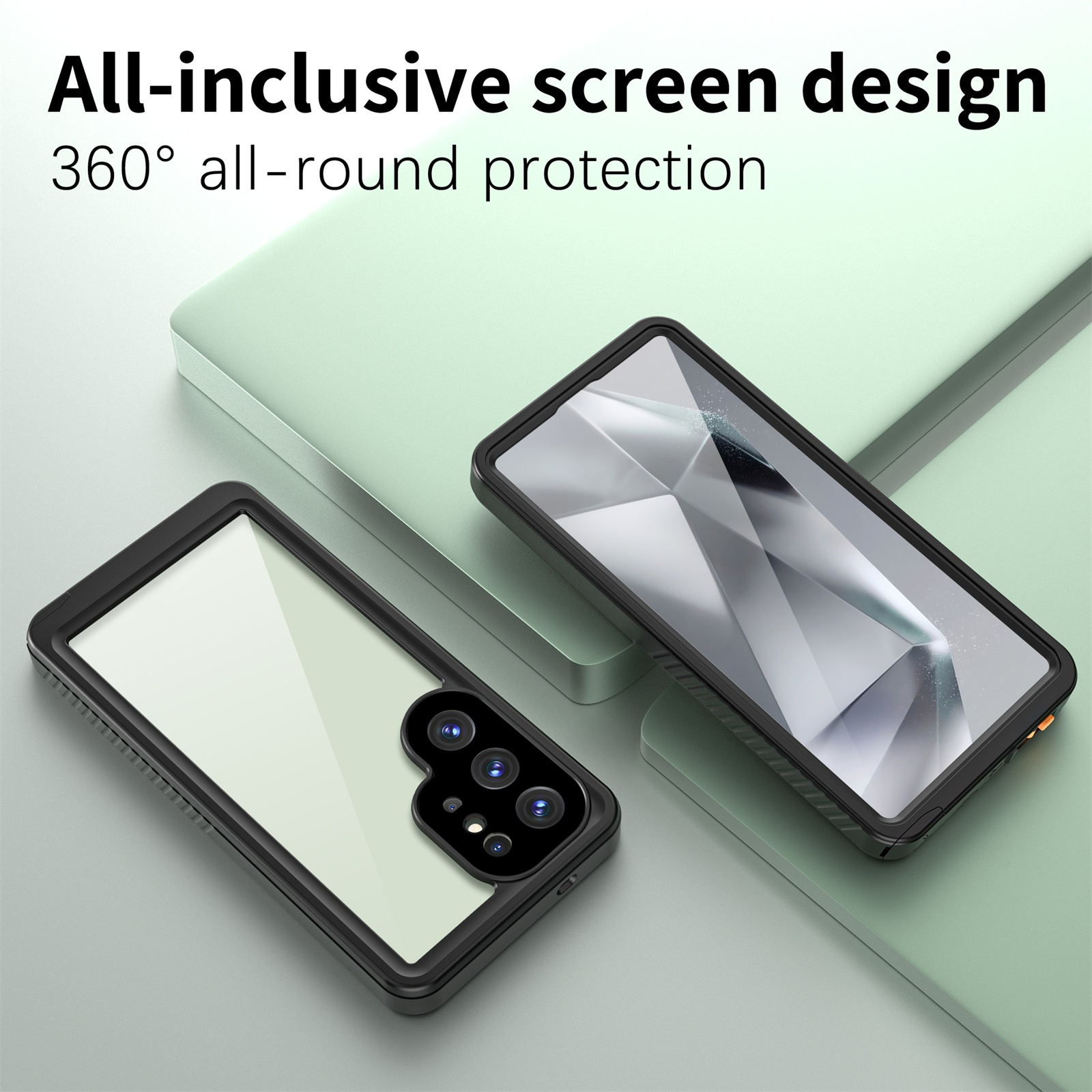 Zwei schwarze Handyhüllen. Eine mit Telefon. Text: 'All-inclusive Bildschirmdesign'.