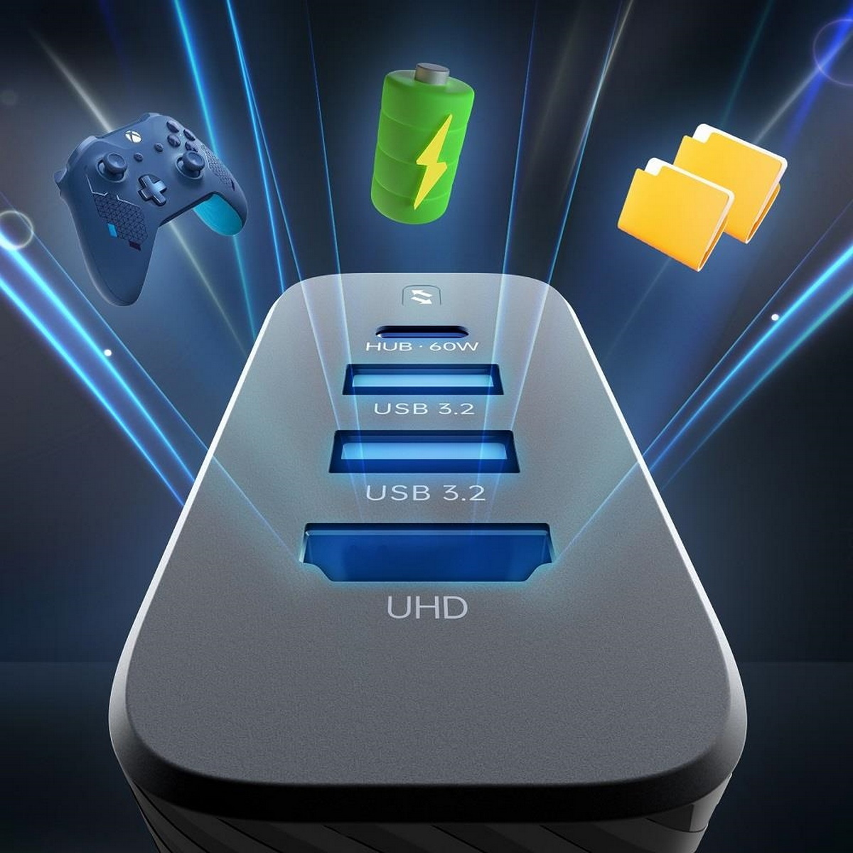 Un hub di ricarica nero e grigio con più porte e oggetti fluttuanti di un controller di gioco e una batteria.
