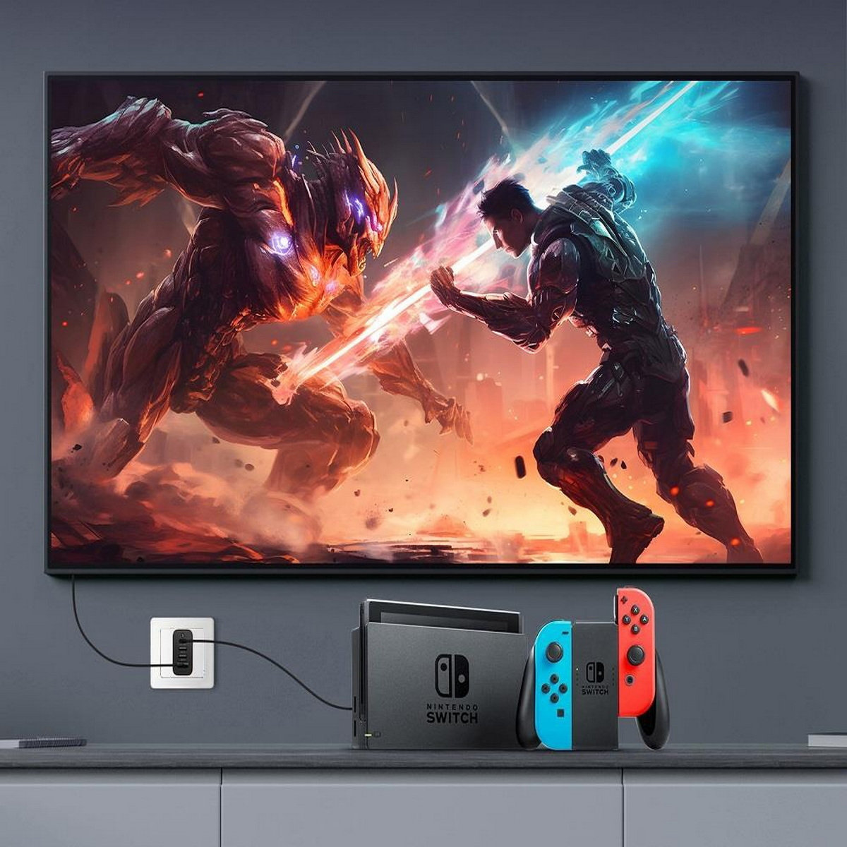 Uno schermo TV che mostra una scena di combattimento, una Nintendo Switch con controller e un caricabatterie collegato al muro.
