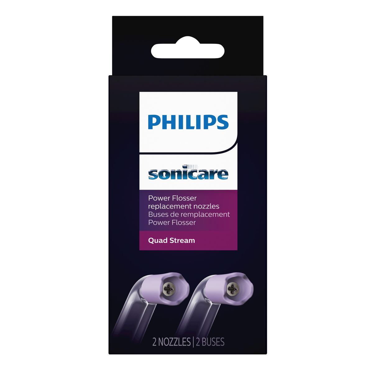 İki nozülün görülebildiği Philips Sonicare Power Flosser yedek nozül paketi.