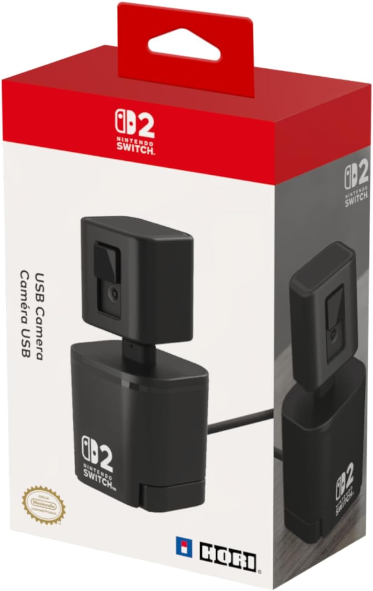 Scatola della fotocamera USB nera Nintendo Switch. La fotocamera è mostrata sulla scatola.