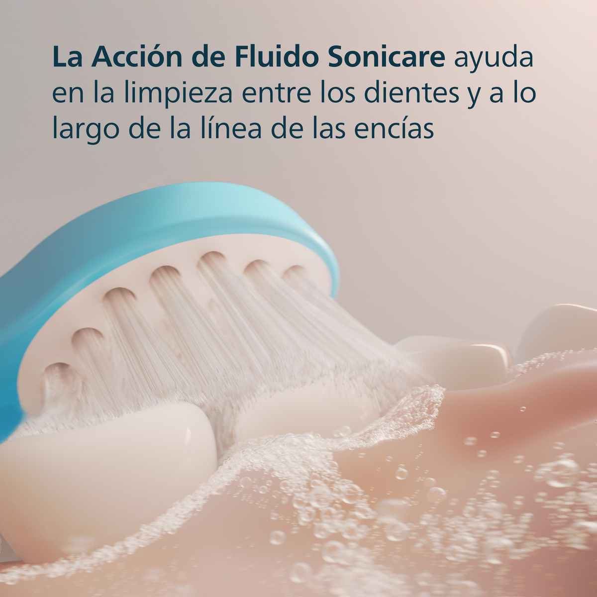 Szczoteczka do zębów czyszcząca ząb. Widoczna piana i woda, z tekstem 'Sonicare Fluid Action'.